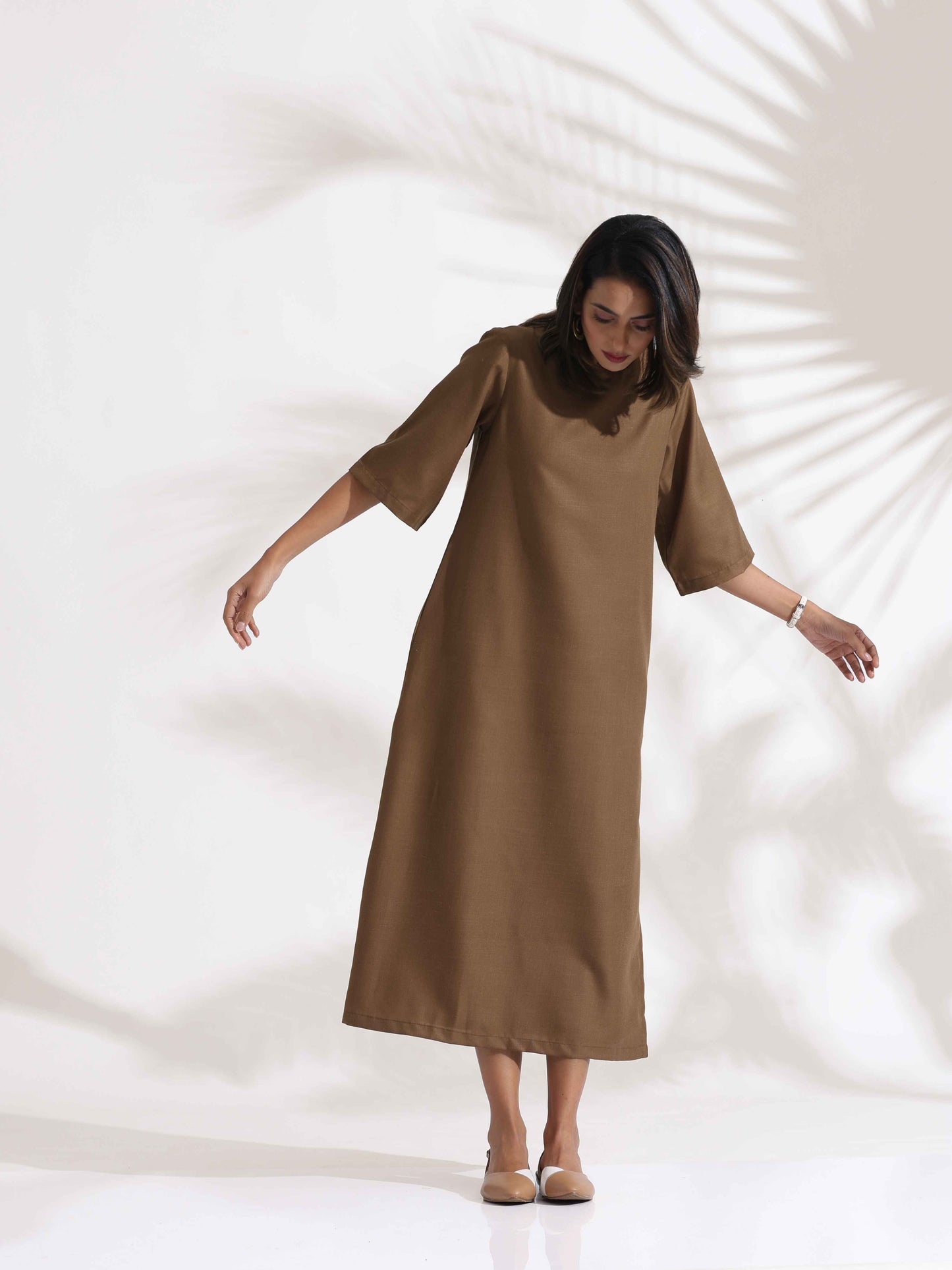 trueBrowns Brown Slub Dress | Swadesiicart
