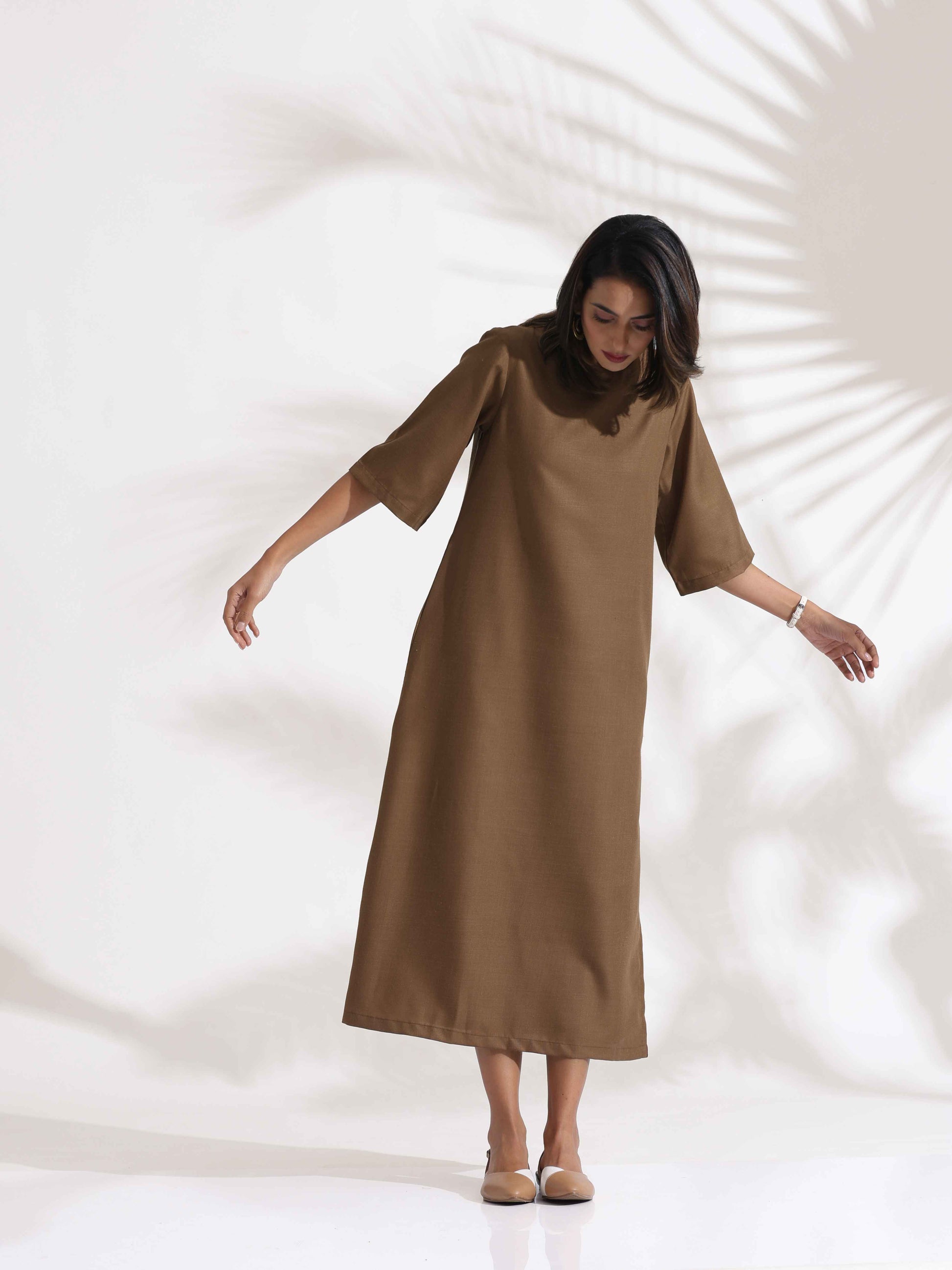 trueBrowns Brown Slub Dress | Swadesiicart