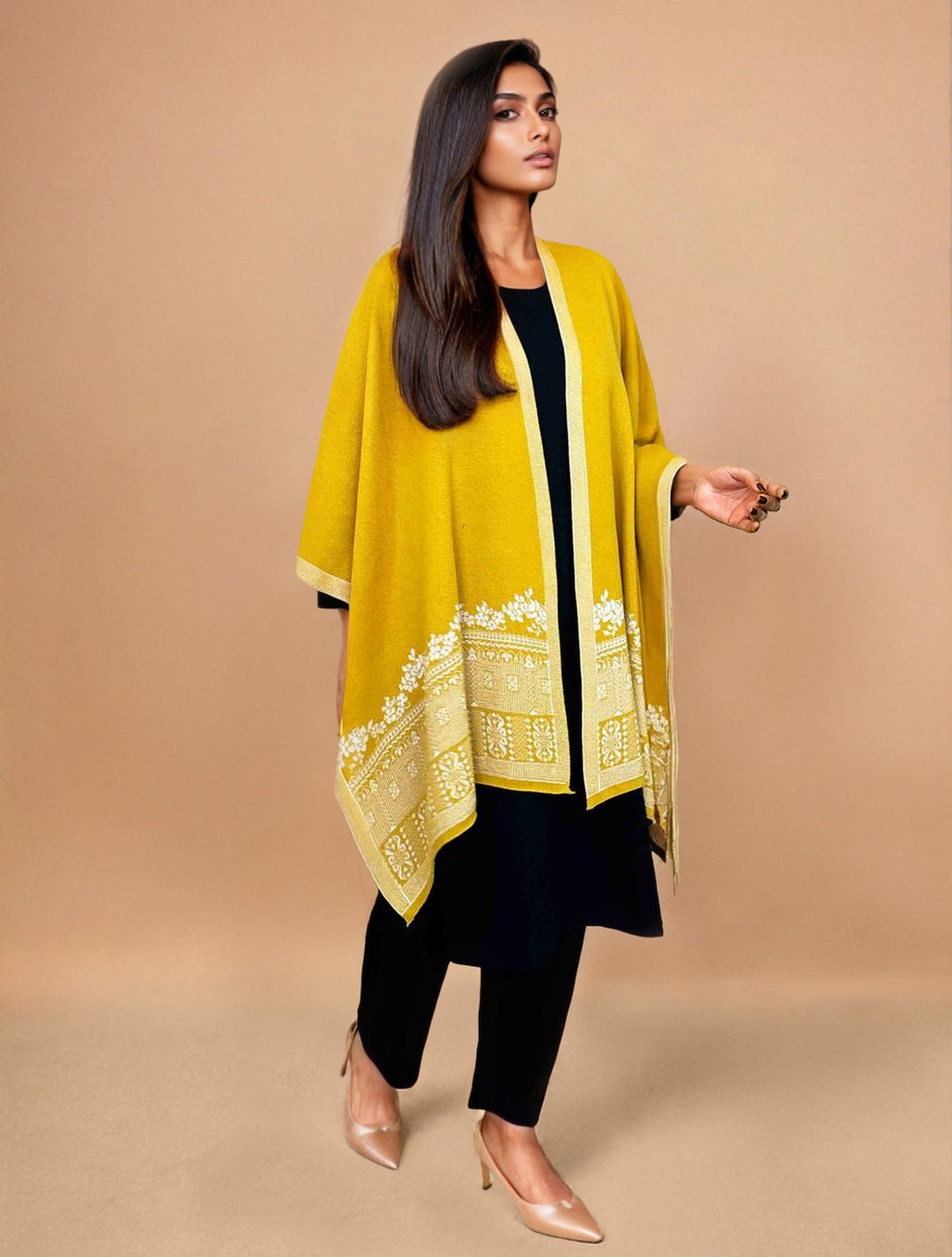 trueBrowns Yellow Woollen Kaftan Cape | Swadesiicart