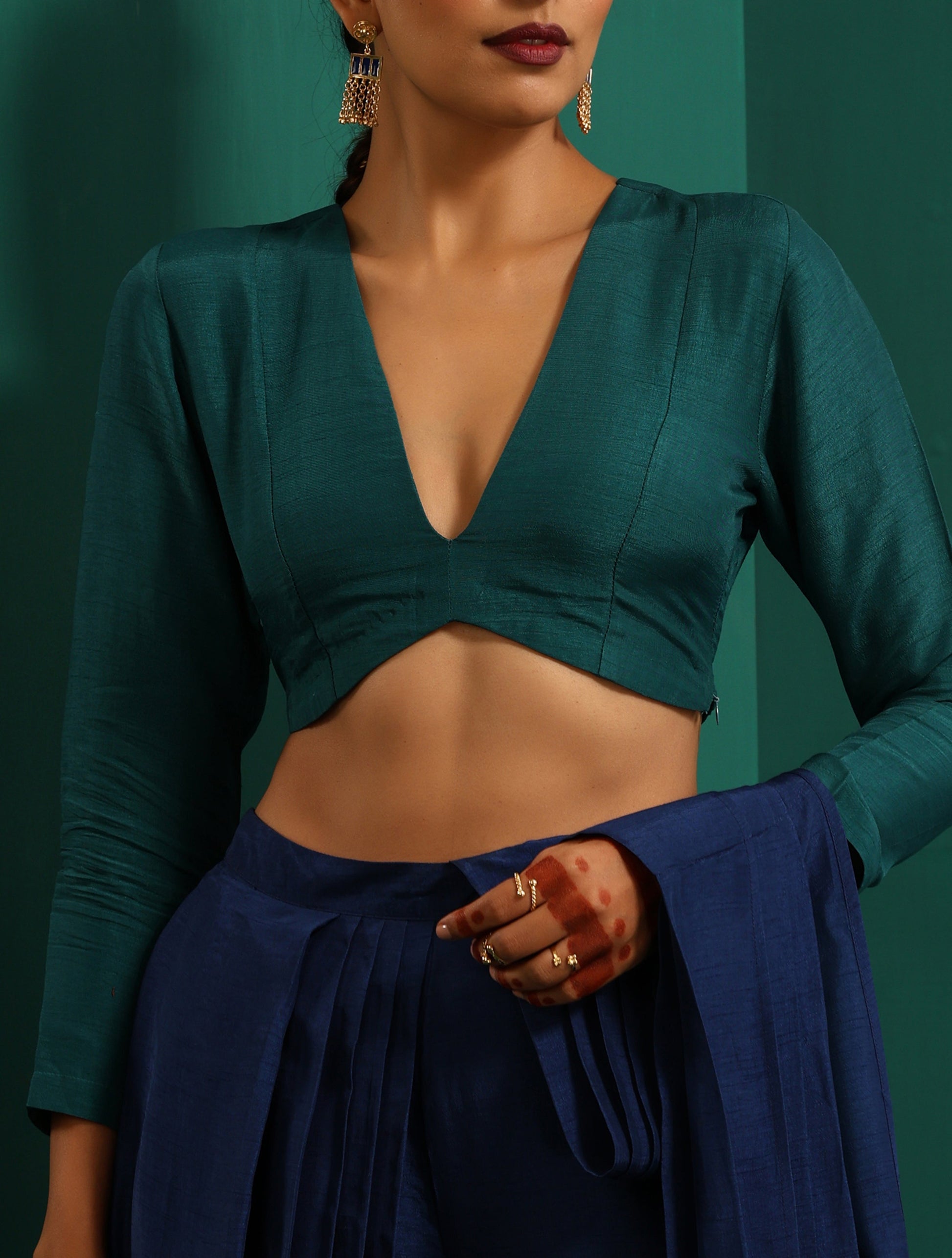trueBrowns Teal Silk Full Sleeve Blouse | Swadesiicart