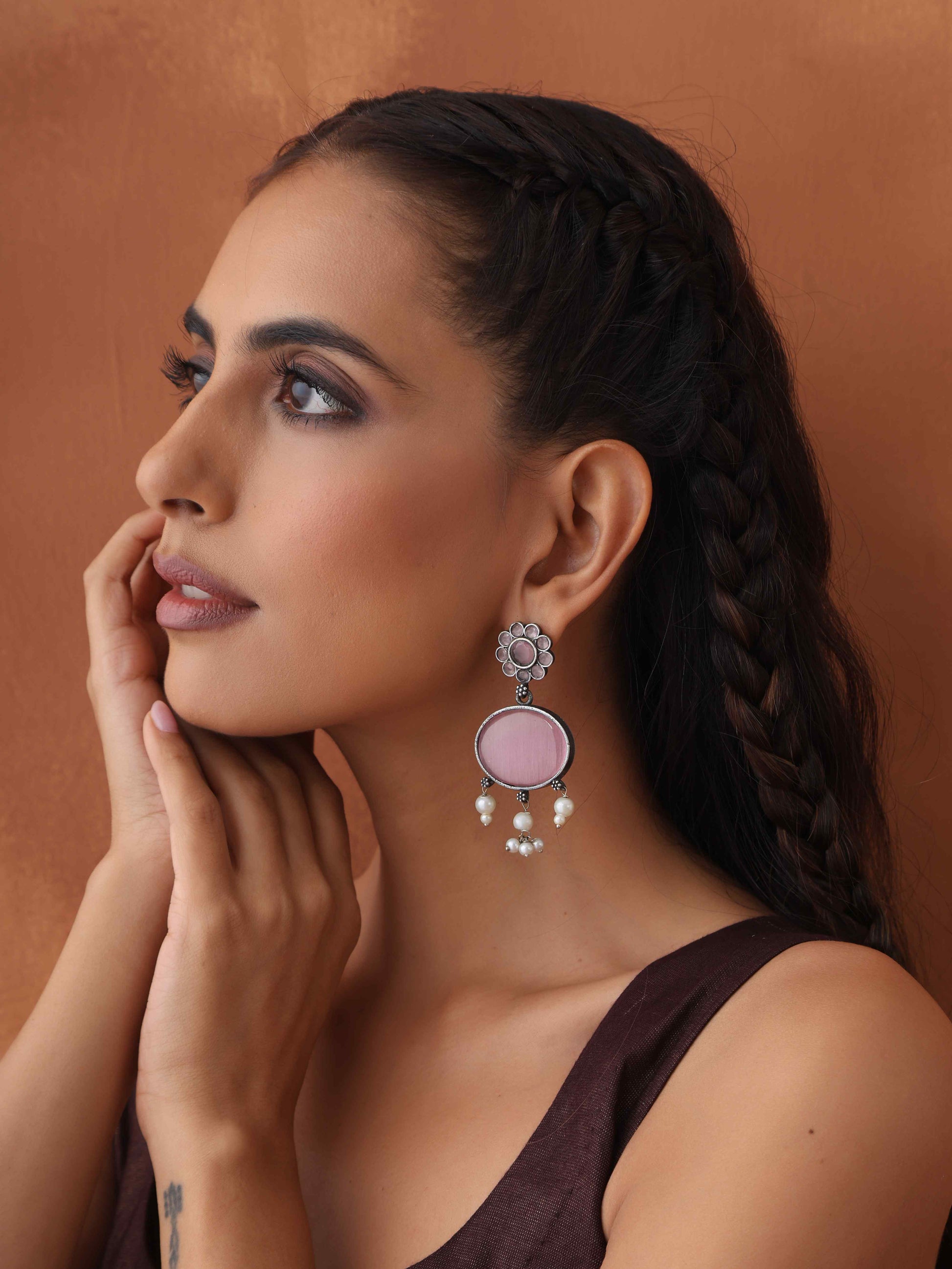 trueBrowns Silver Tone Pink Stone Dangle Earrings - Swadesiicart