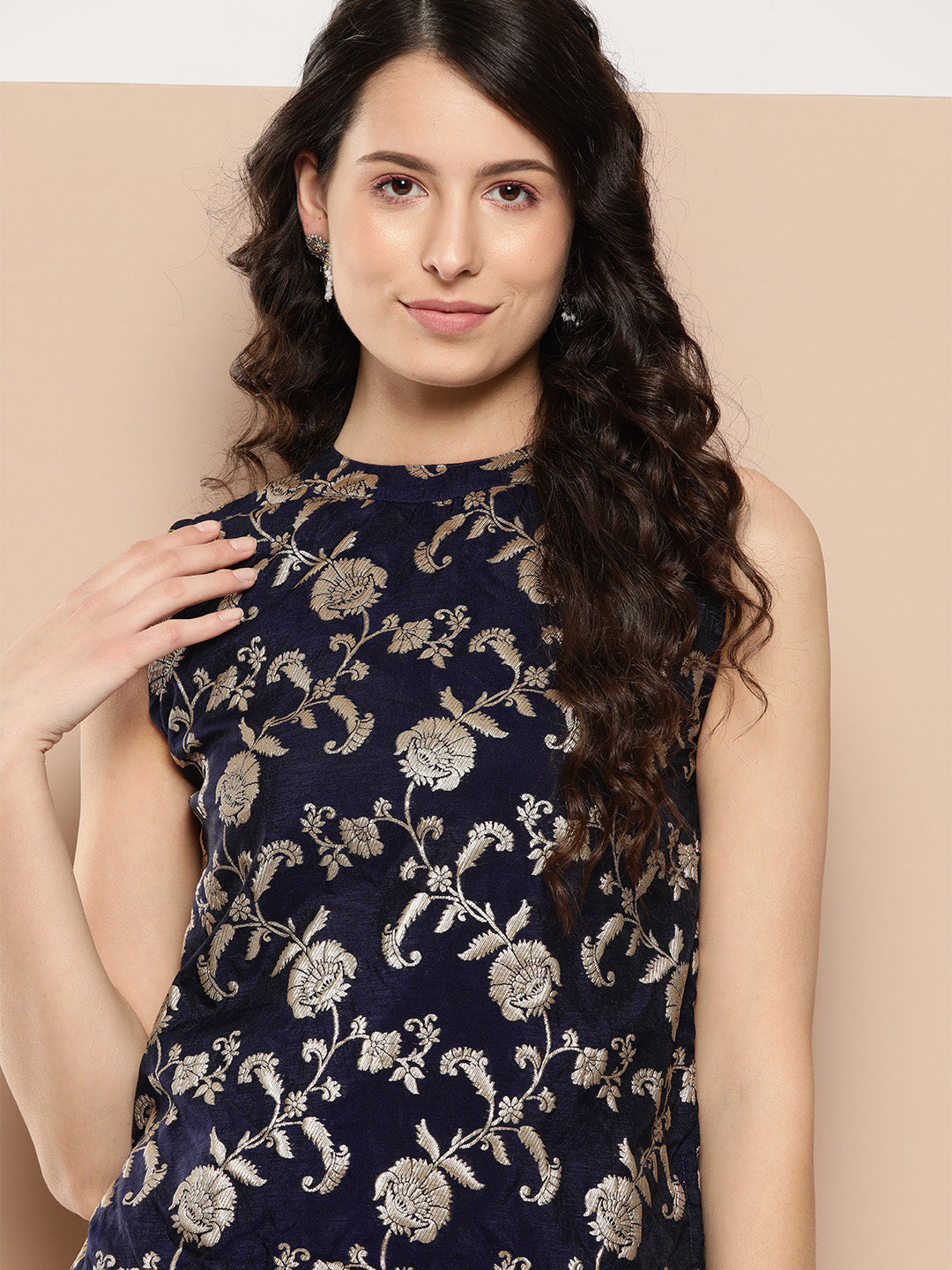 InWeave Women's Navy Blue Brocade Halter Top - Swadesiicart