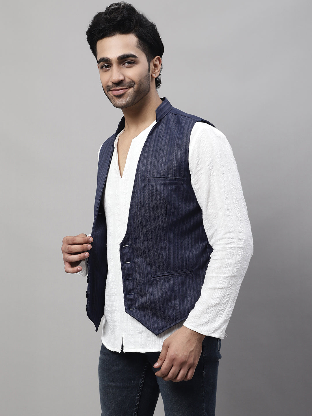 Even Apparels Men's Blue Nehru Jacket With Welt Pockets | Swadesiicart
