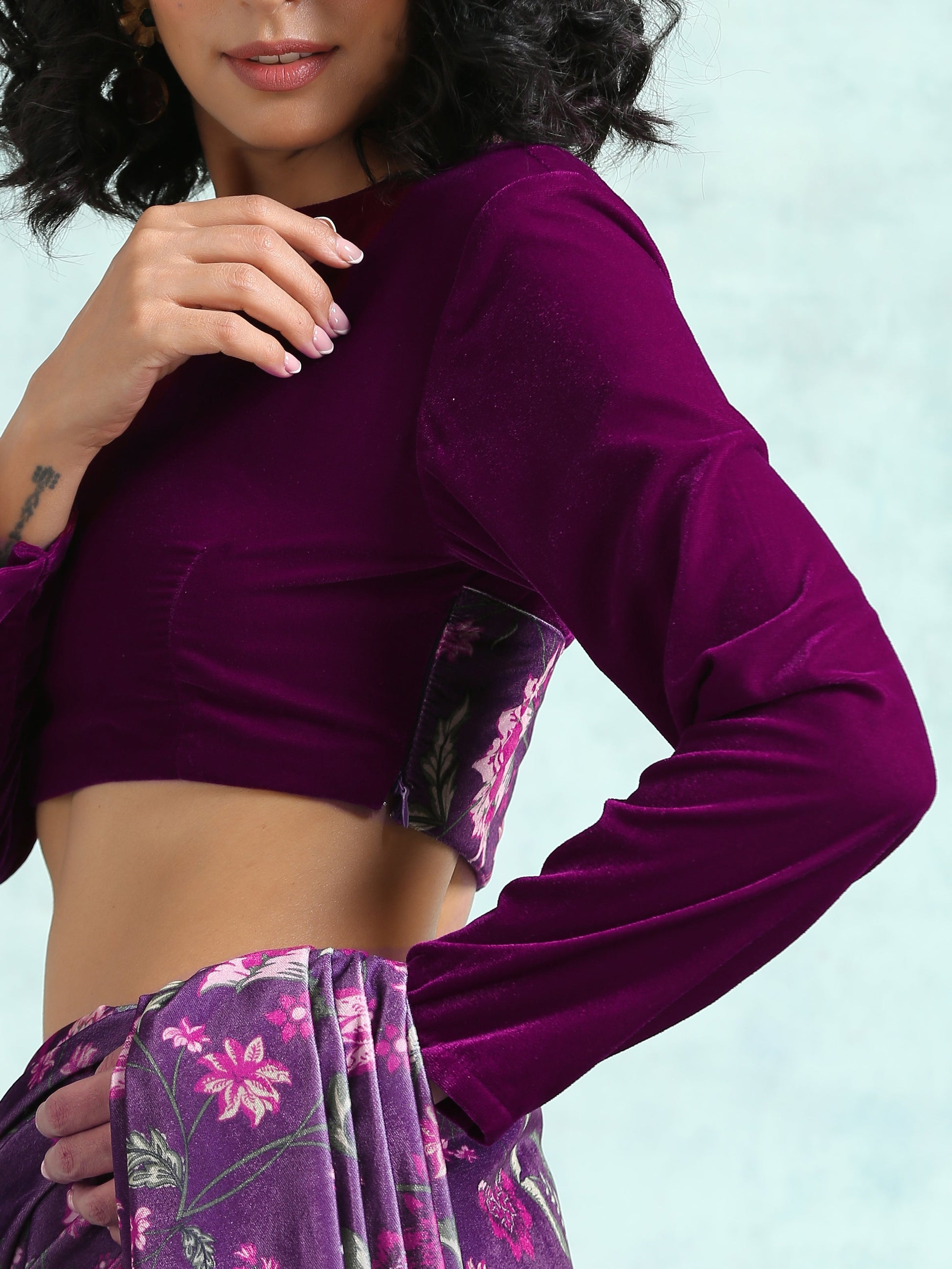 trueBrowns Wine Velvet With Print Detail Blouse | Swadesiicart