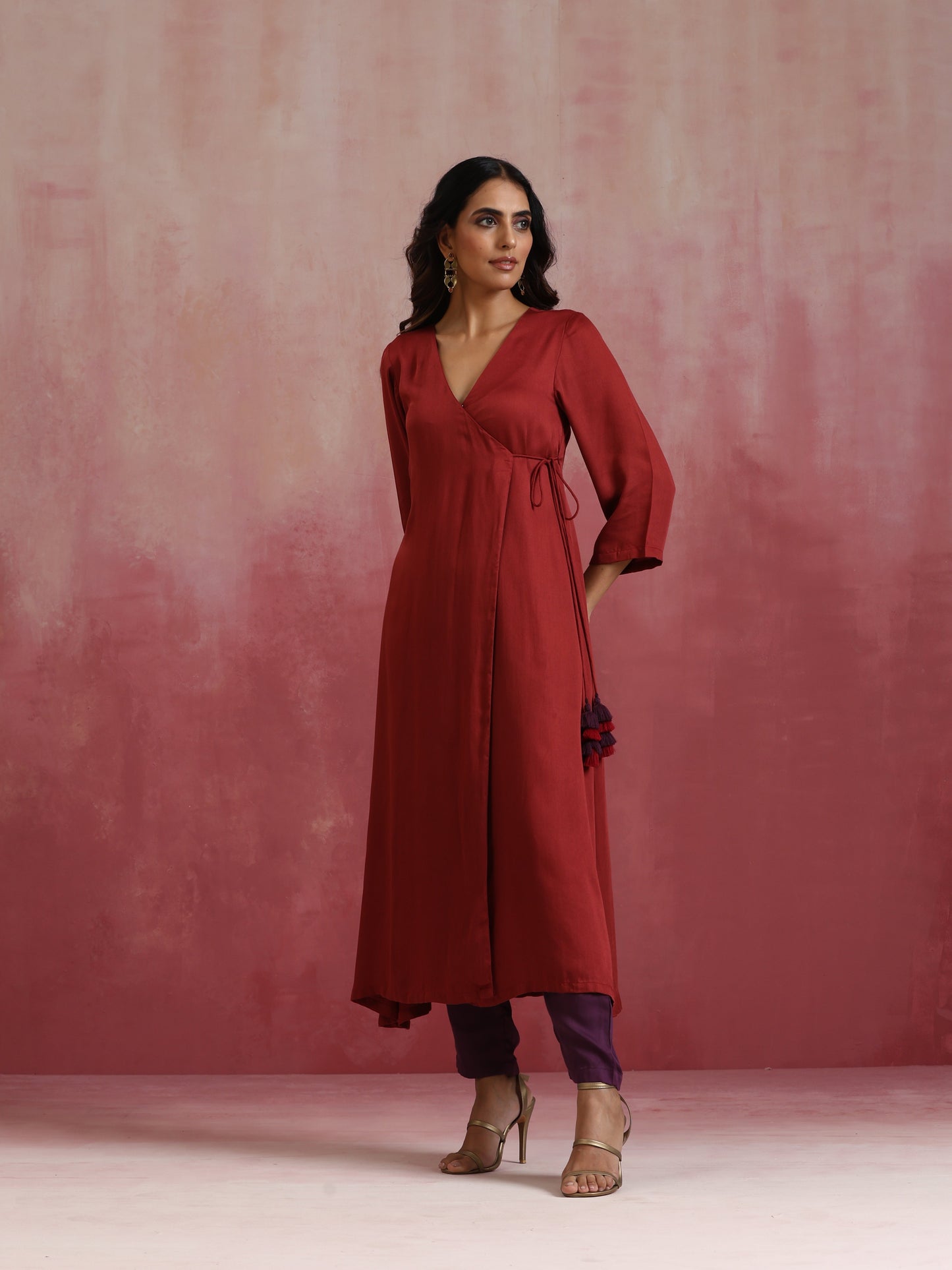 trueBrowns Maroon Modal Angrakha Kurta Set | Swadesiicart