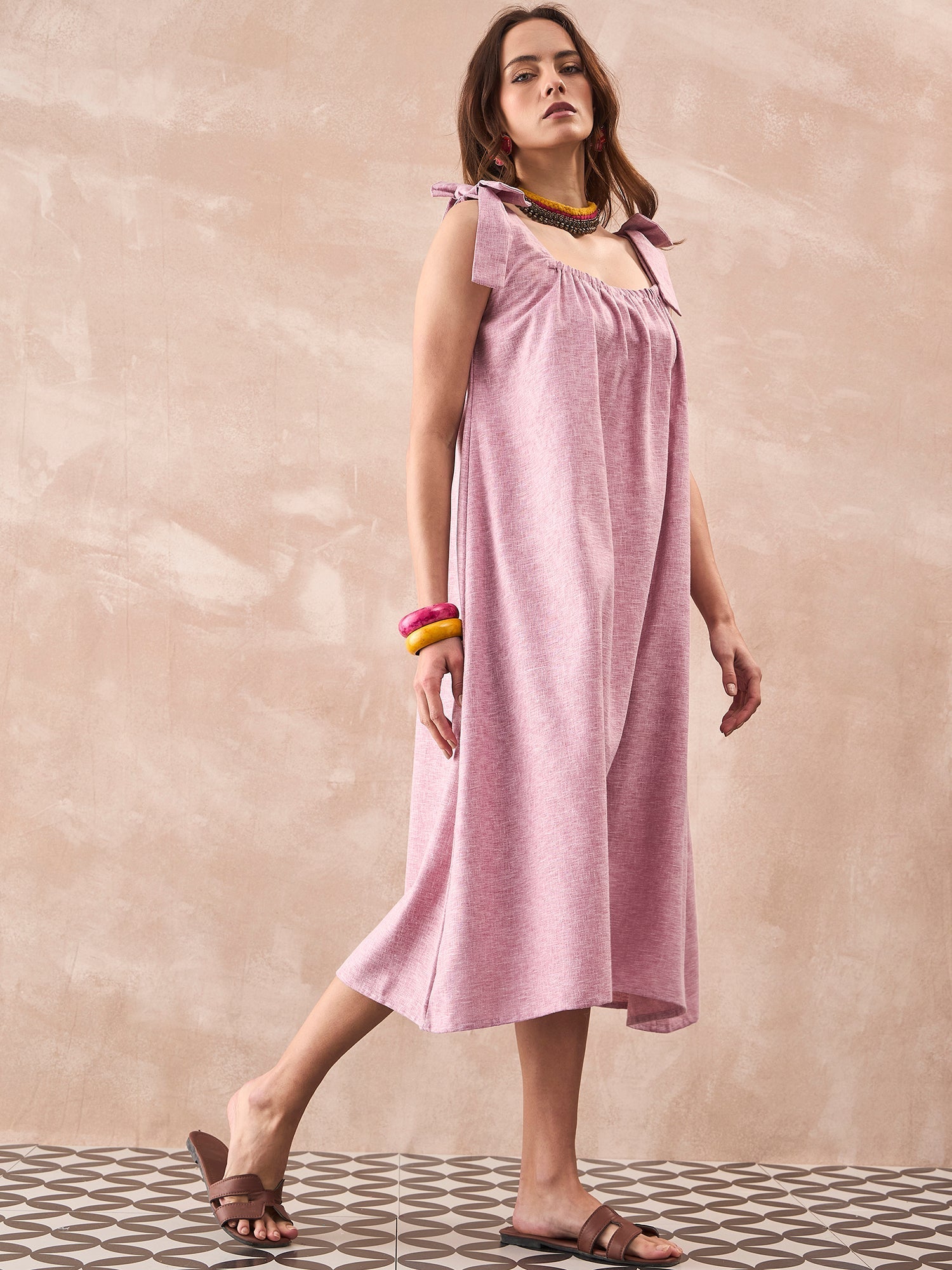 InWeave Dull Pink Linen Round Pleat Bow Dress - Swadesiicart