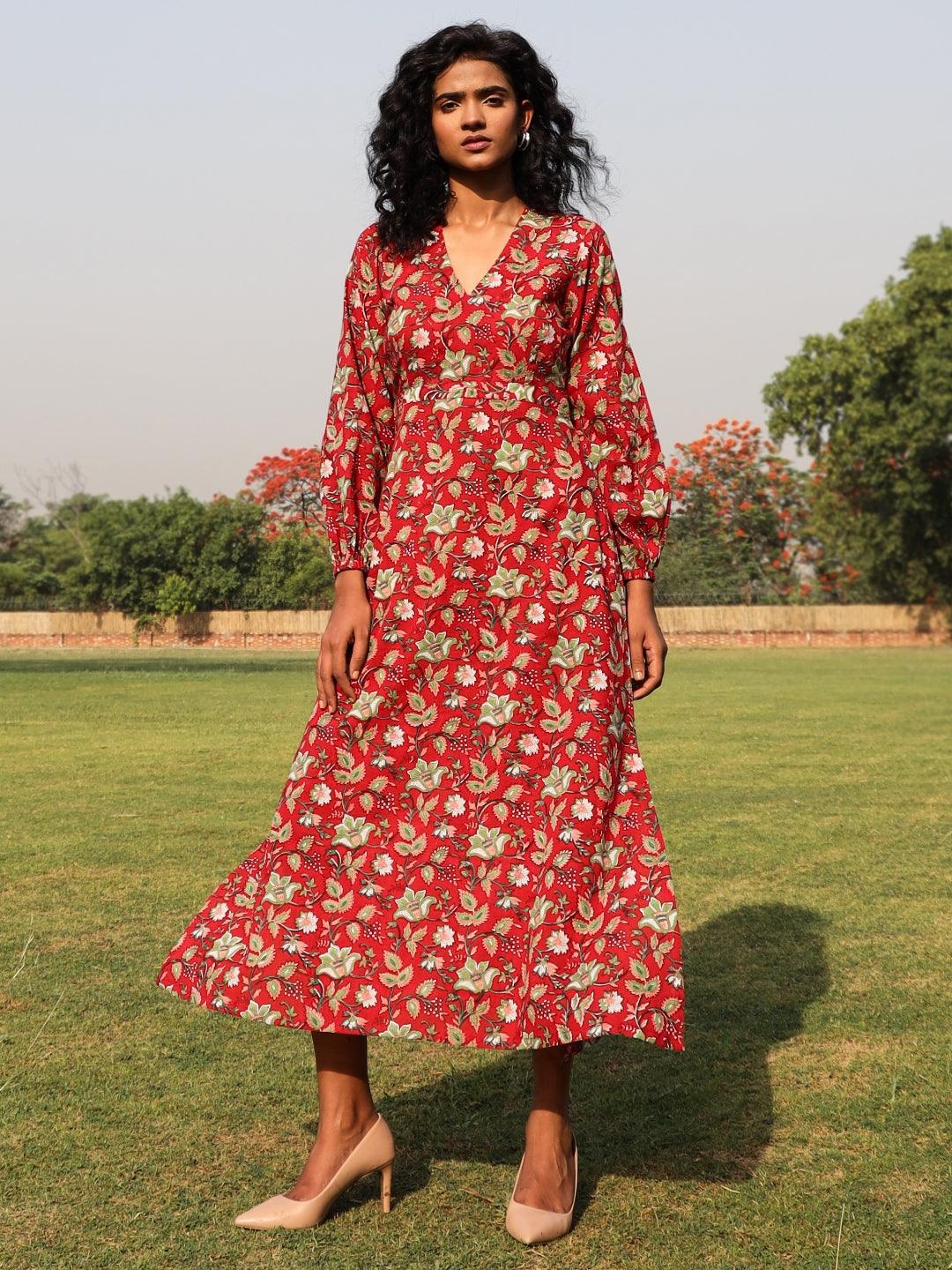 trueBrowns Red Cotton Block Print Backless Dress | Swadesiicart