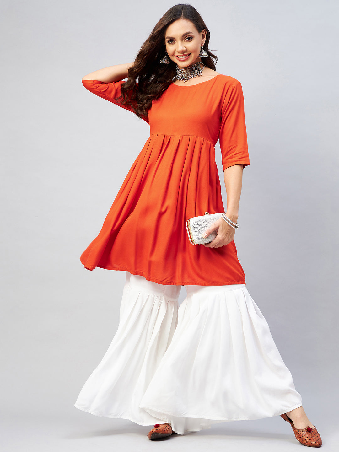 InWeave Women's Orange Short Anarkali Kurta - Swadesiicart