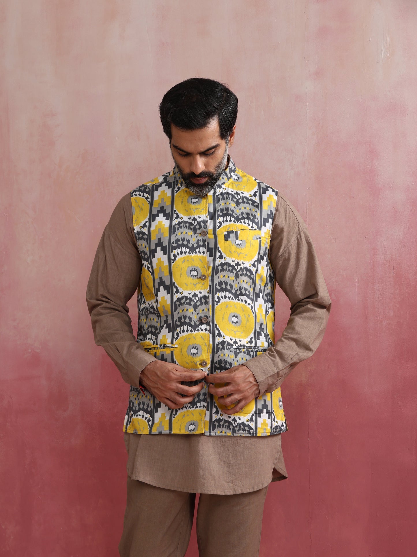 trueBrowns Men's Grey Ikat Print Cotton Reversible Nehru Jacket | Swadesiicart