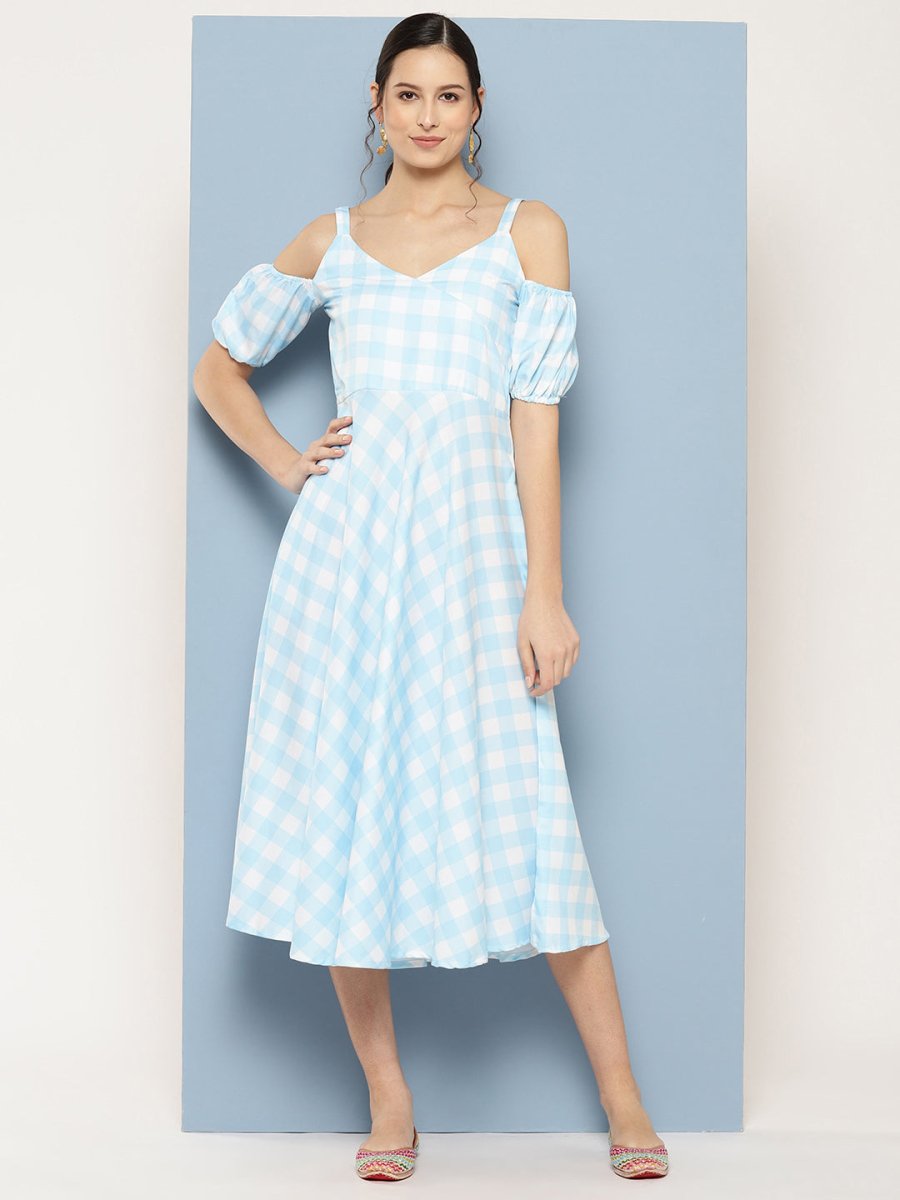 Ahalyaa Checked Cold-Shoulder Sleeves Midi Empire Ethnic Dress | Swadesiicart