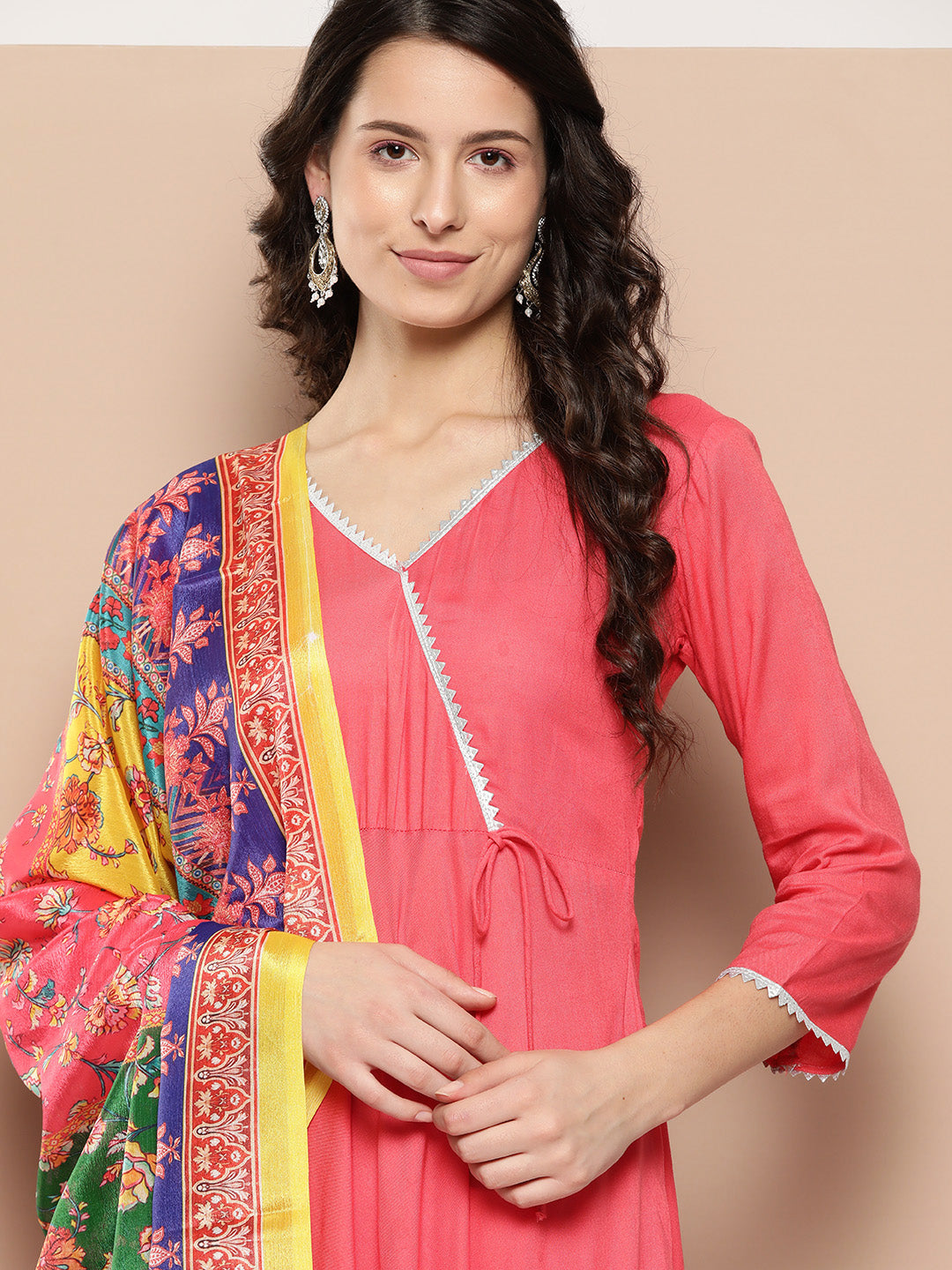 InWeave Women's Camelia Gota Angrakha Kurta Set W Yellow Orange Dupatta - Swadesiicart