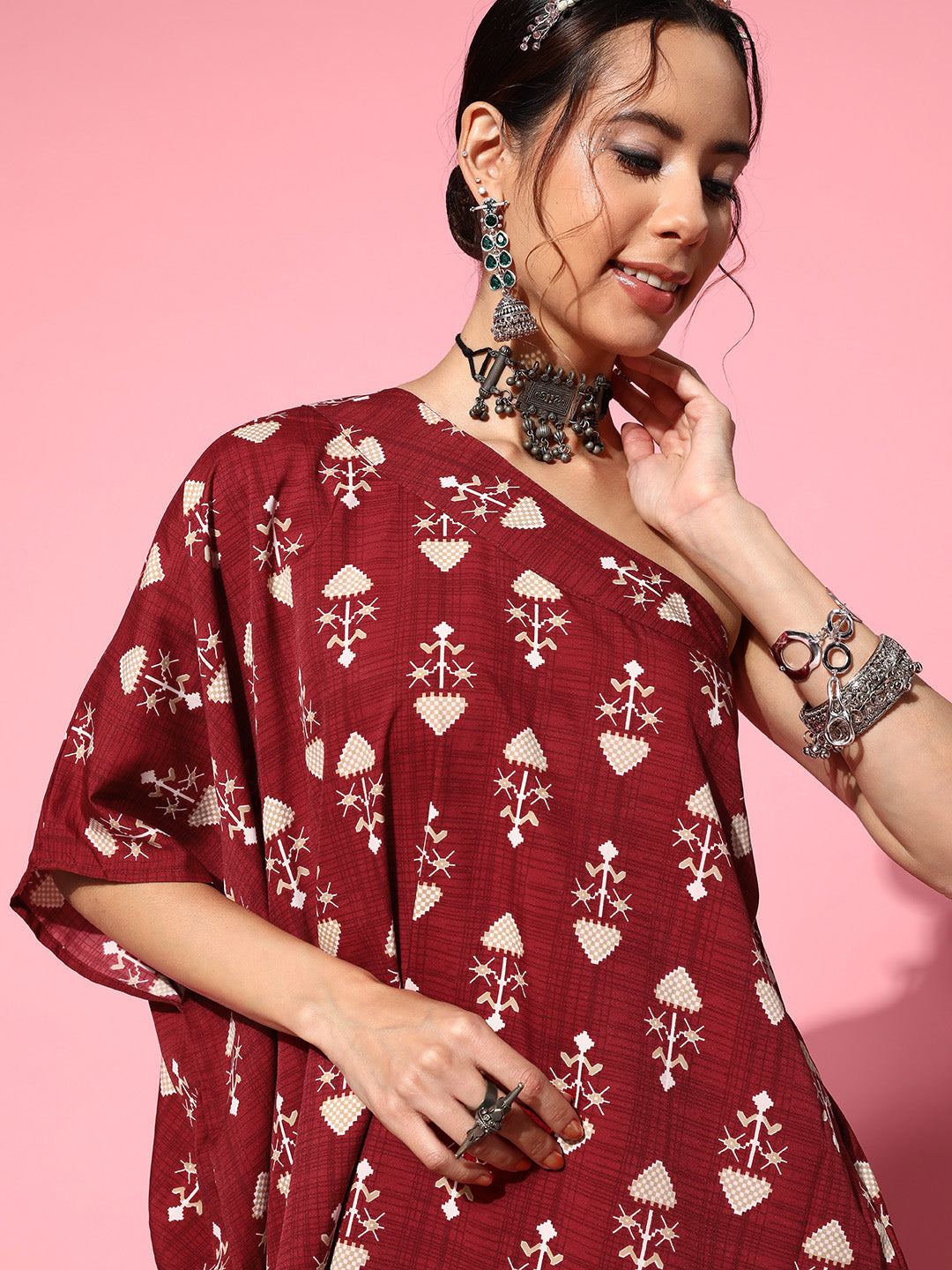 InWeave Women's Maroon Boota One Shoulder Top With Palazzo Set - Swadesiicart