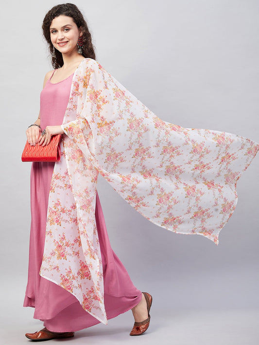 InWeave Women's Light Pink Strappy Set W Cream Orange Print Ge Dupatta - Swadesiicart