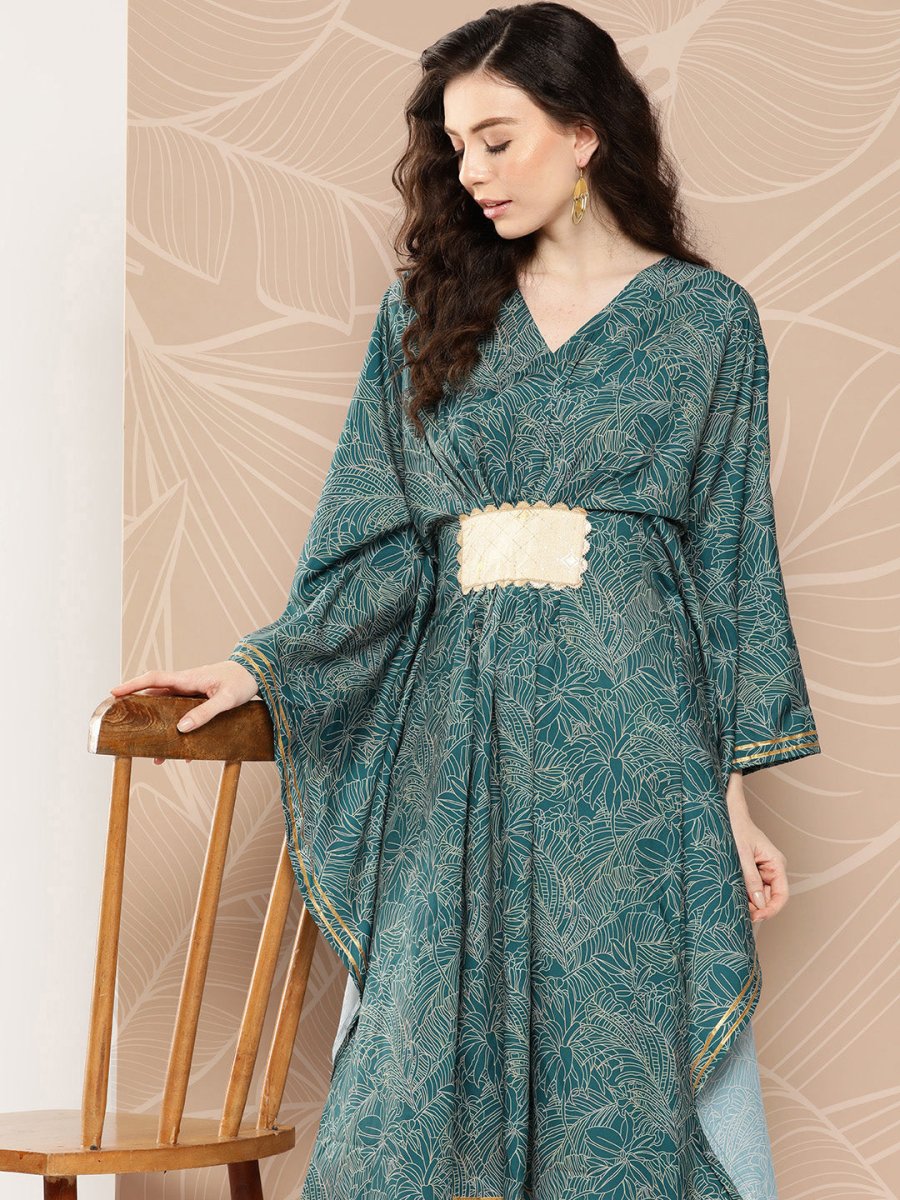 Ahalyaa Women Floral Printed Flared Sleeves Patchwork Belted Detail Crepe Kaftan Kurta | Swadesiicart