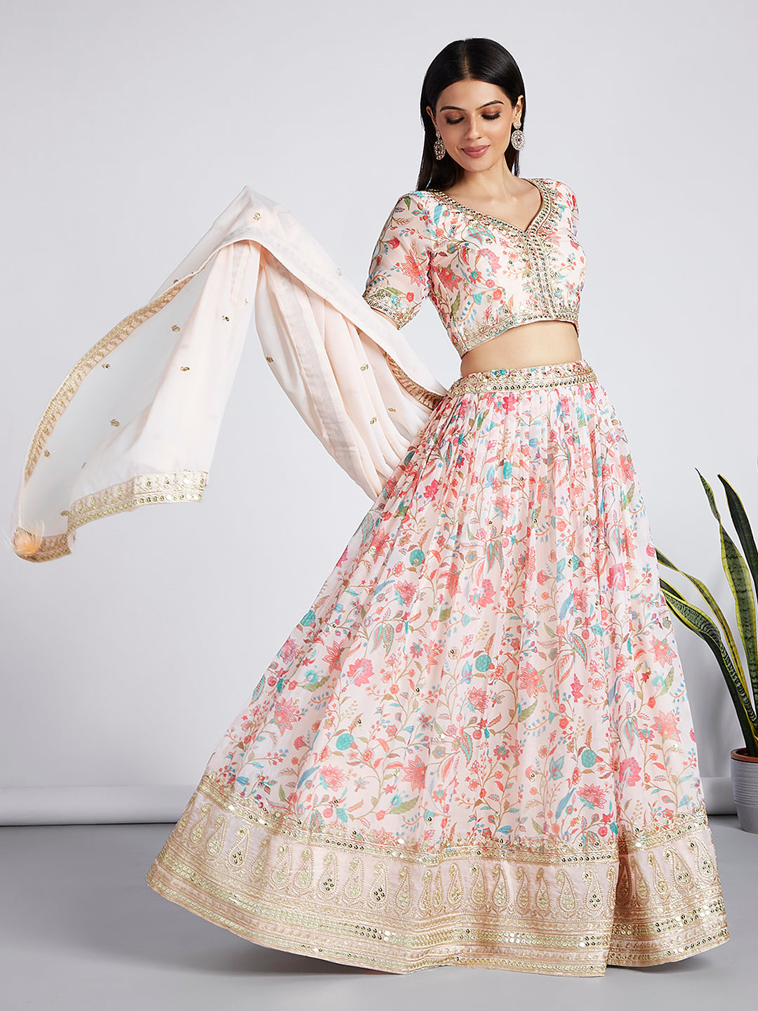 House of Panchhi Cream Colour Organza Floral Design Digital Print Lehenga Choli & Dupatta | Swadesiicart