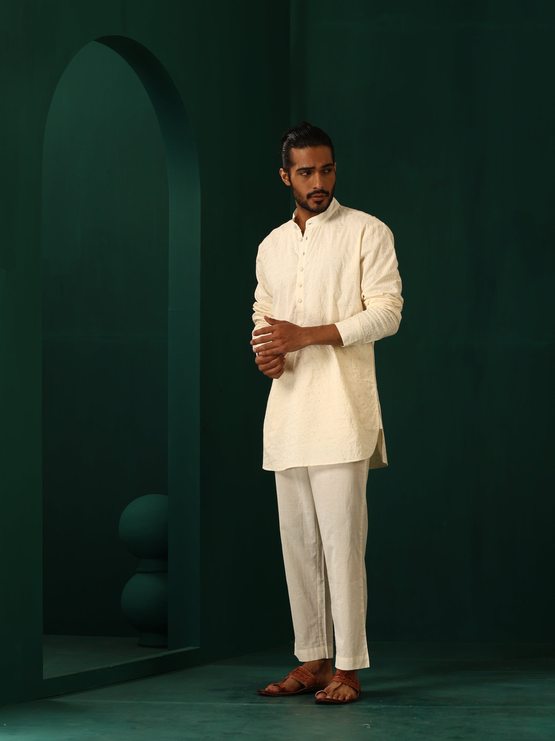 trueBrowns Men's Ivory Tonal Cotton Co-ord Set - Swadesiicart