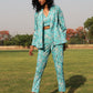 trueBrowns Turquoise Cotton Block Print Pant Suit Set | Swadesiicart