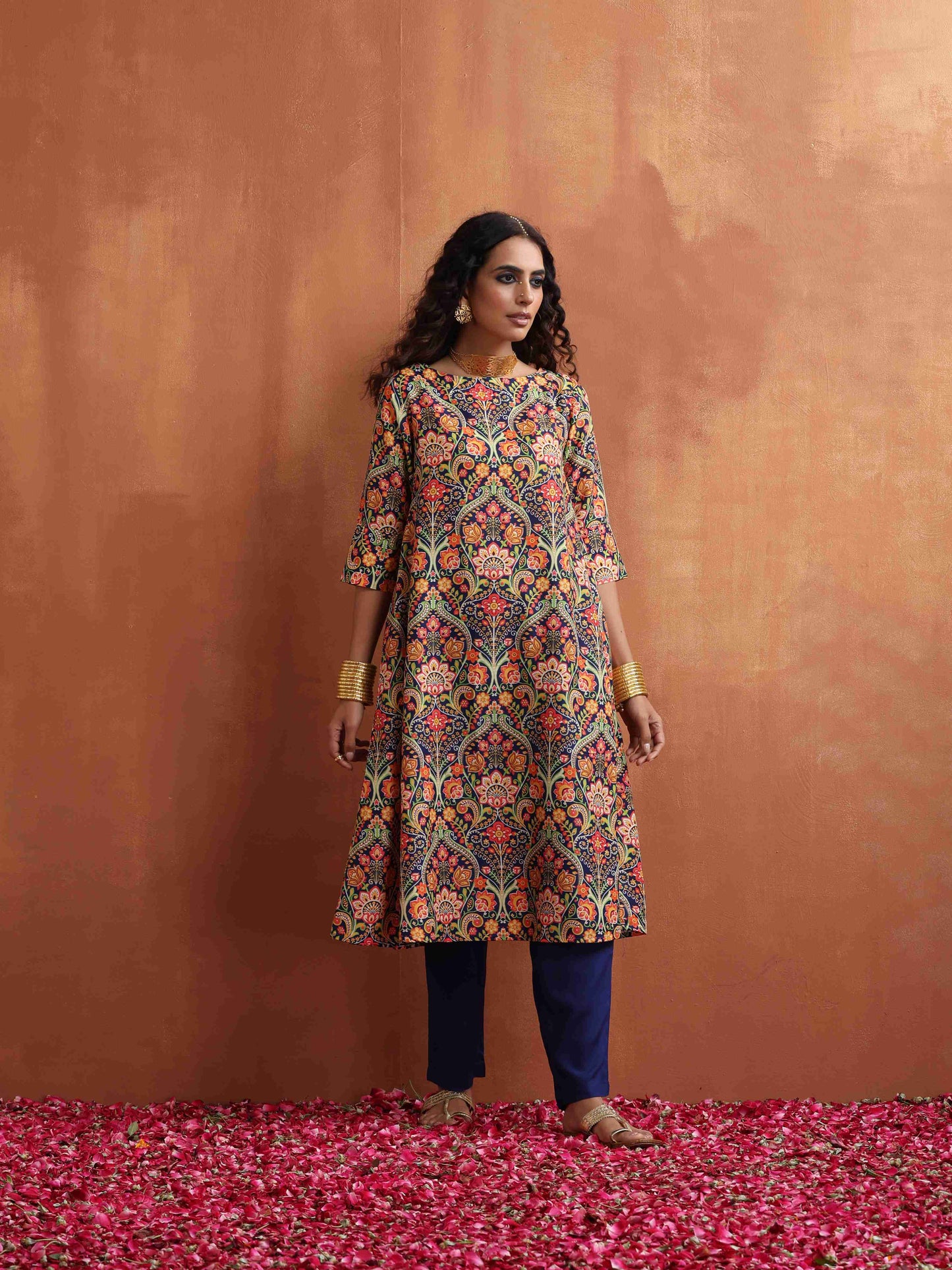trueBrowns Blue Print A-line Kurta Set | Swadesiicart