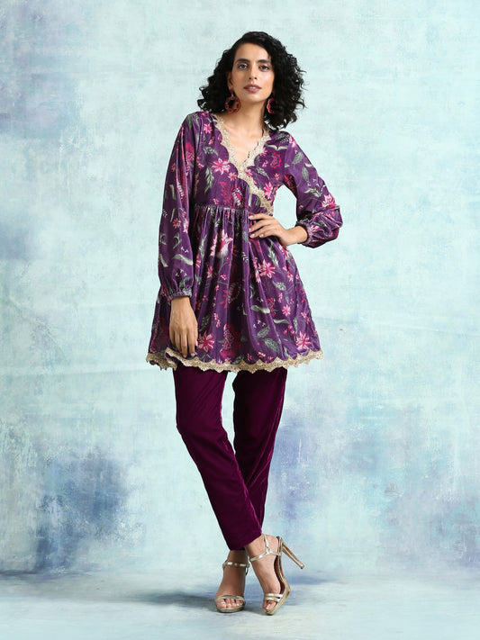 trueBrowns Wine Printed Velvet Lace Co-Ord Set - Swadesiicart