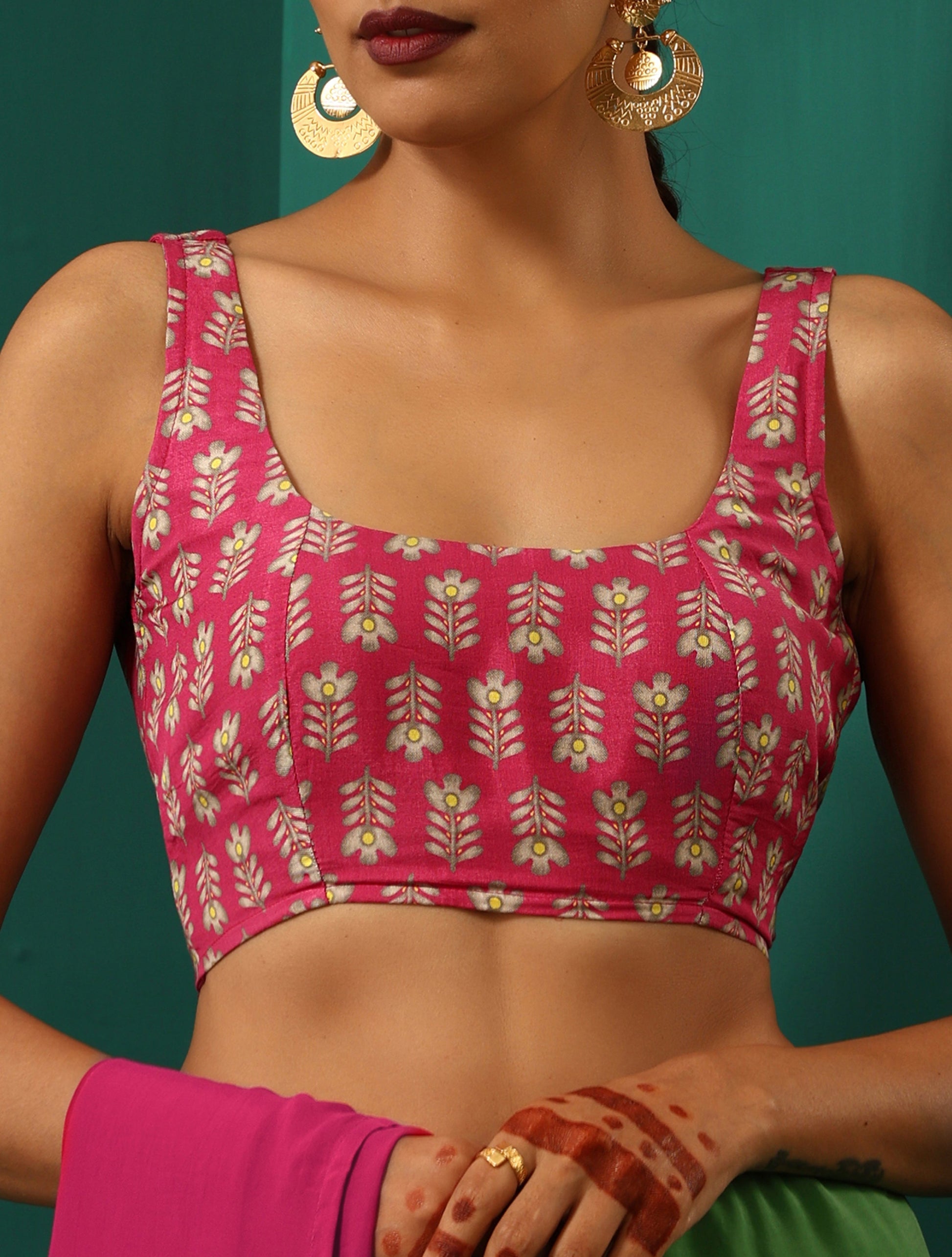 trueBrowns Pink Muslin Silk Leaf Printed Scoop Neck Sleeveless Blouse | Swadesiicart