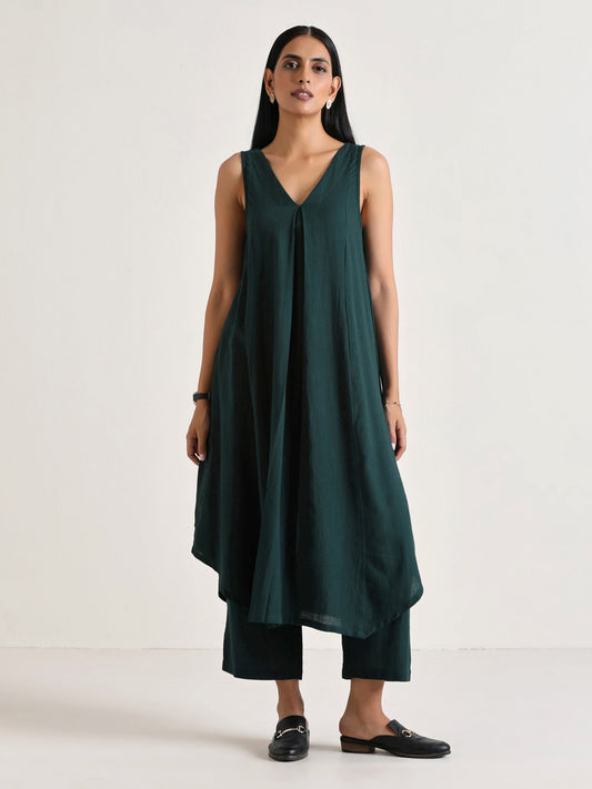 trueBrowns Dark Green Sleeveless Flared Kurta Pant Set | Swadesiicart