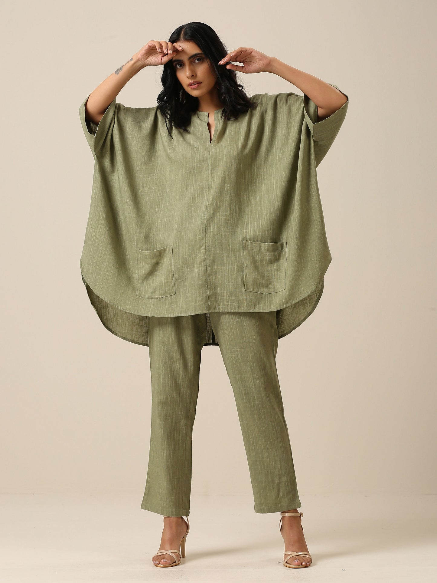 trueBrowns Sage Slub Texture Boxy Fit High Low Co-Ord Set - Swadesiicart