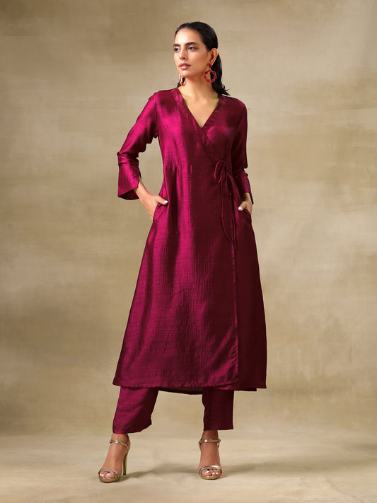 trueBrowns Purple Textured Silk Angrakha Kurta Pant Set | Swadesiicart