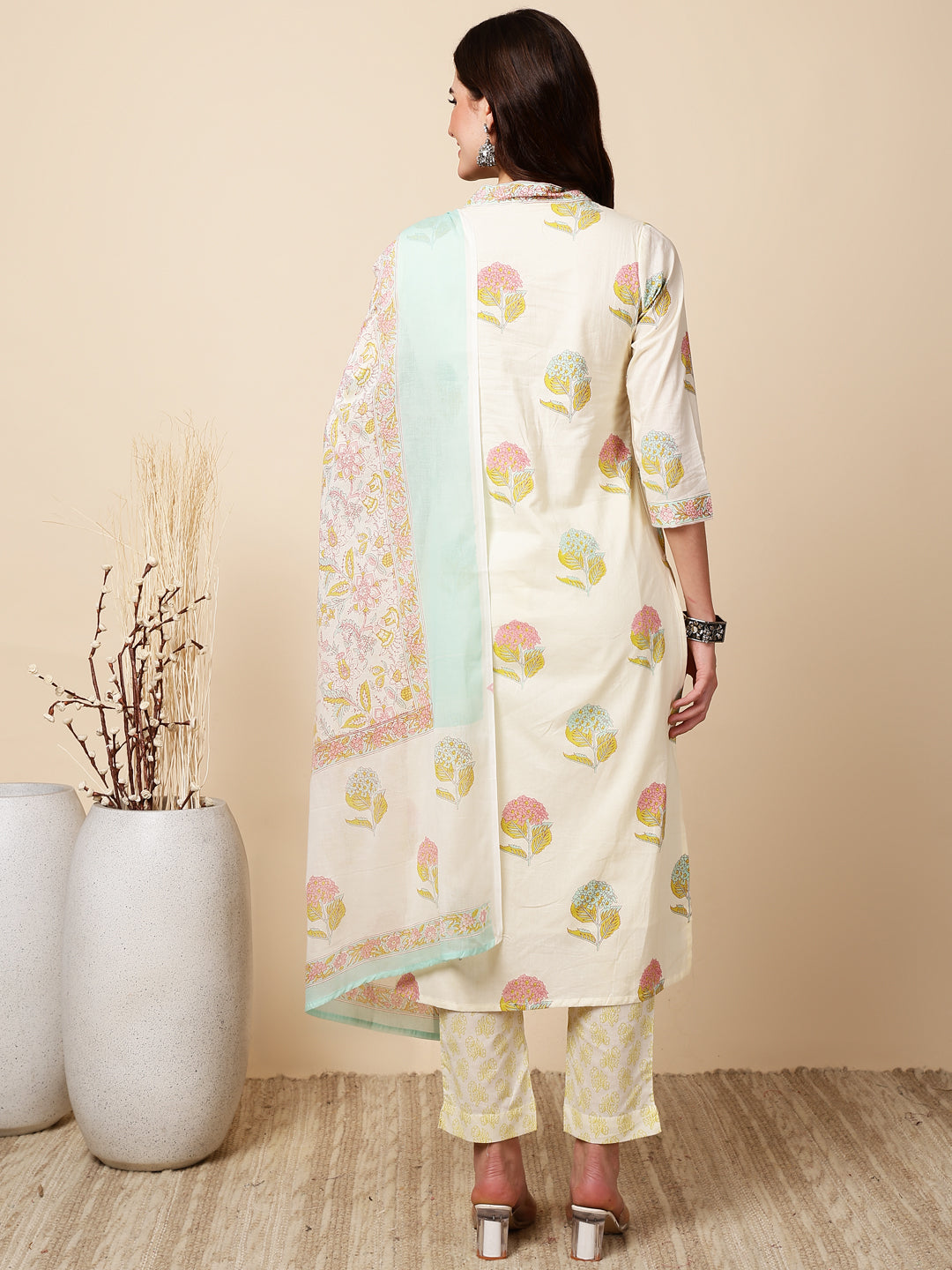 Antaran Cream Pure Cotton Floral Printed Kurta Pant And Dupatta Set - Swadesiicart