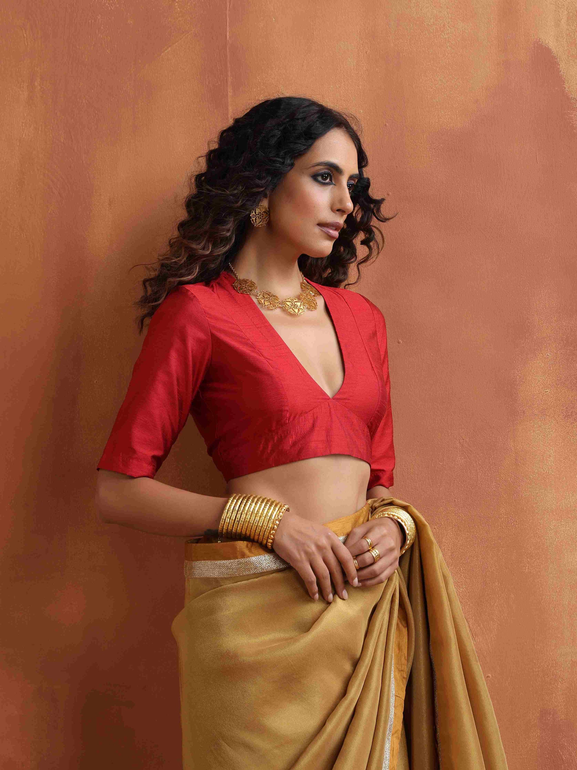 trueBrowns Red Silk V Neck Blouse | Swadesiicart