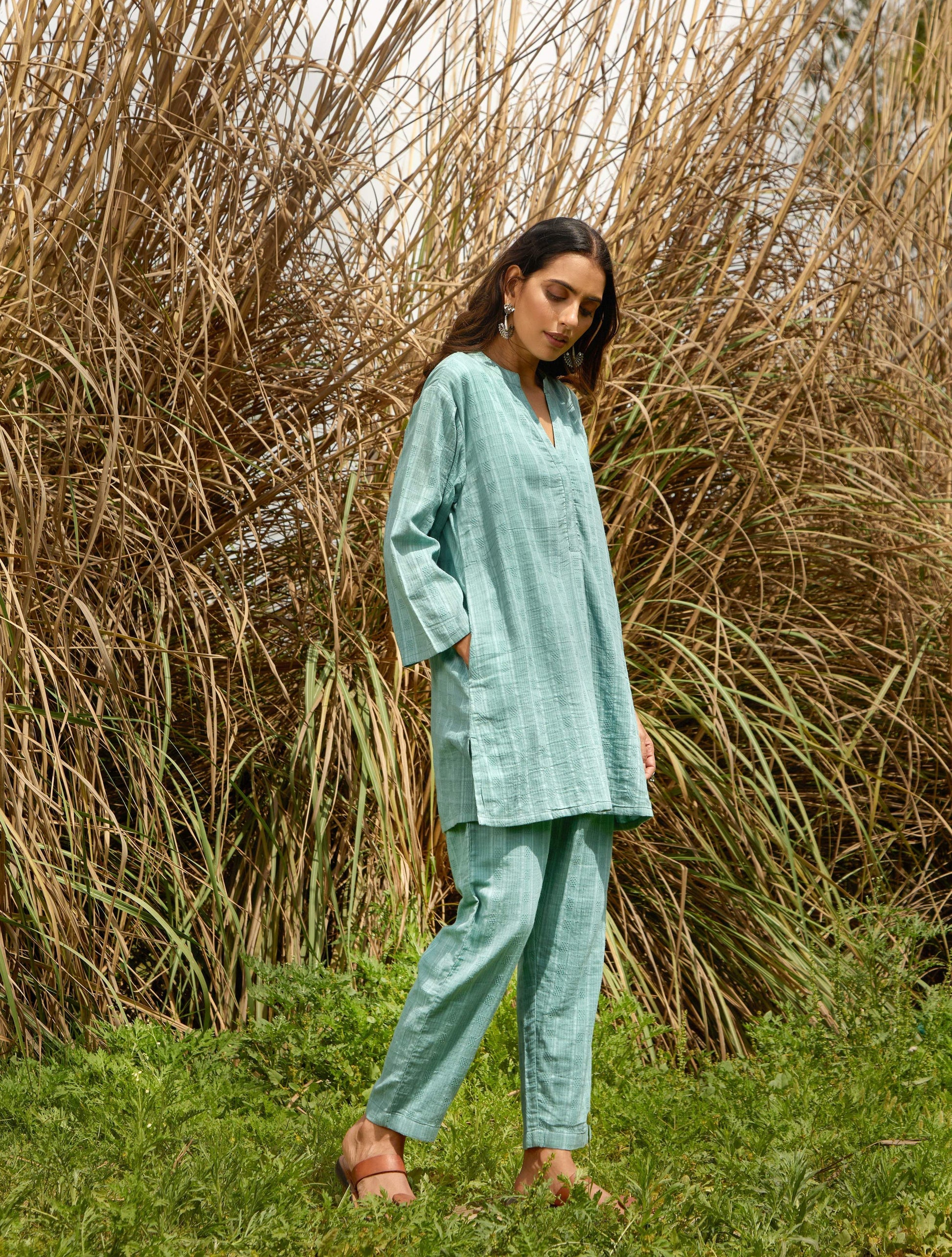 trueBrowns Light Blue Cotton Dobby Relaxed Co-ord Set - Swadesiicart