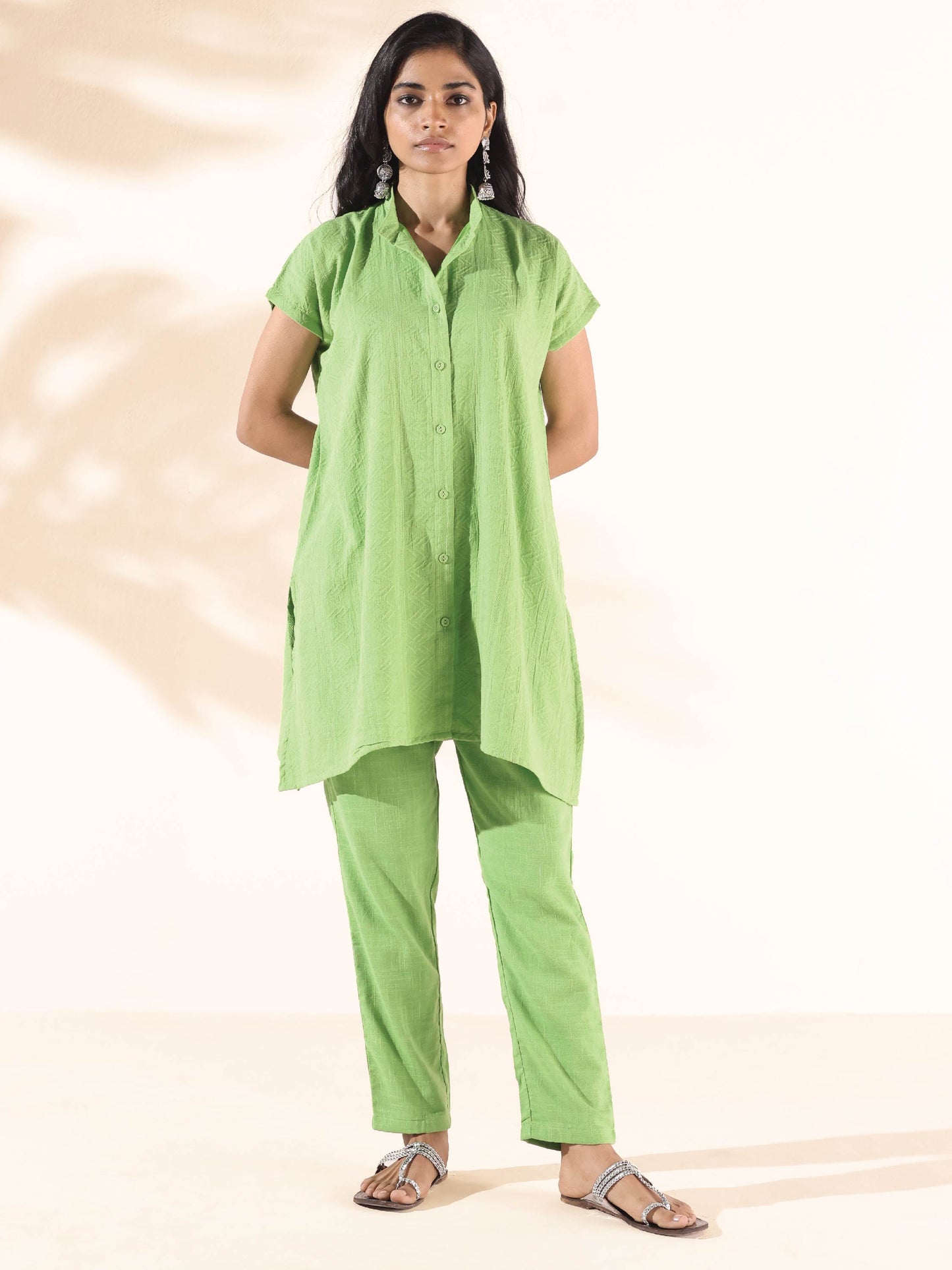 trueBrowns Green Cotton Dobby Shirt Co-ord Set - Swadesiicart