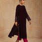 trueBrowns Wine Velvet Embroidered Kurta | Swadesiicart
