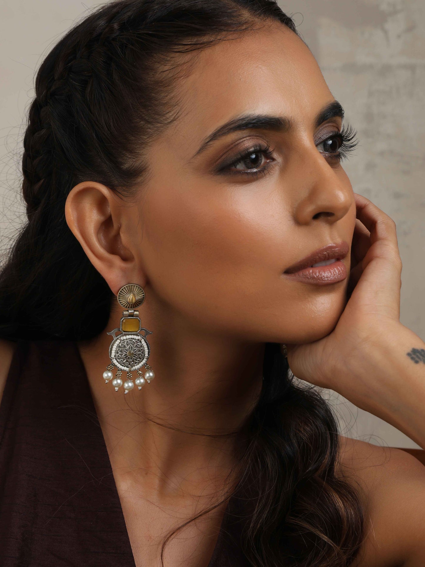trueBrowns Silver Gold Tone Meenakari Pearl Drop Earrings - Swadesiicart