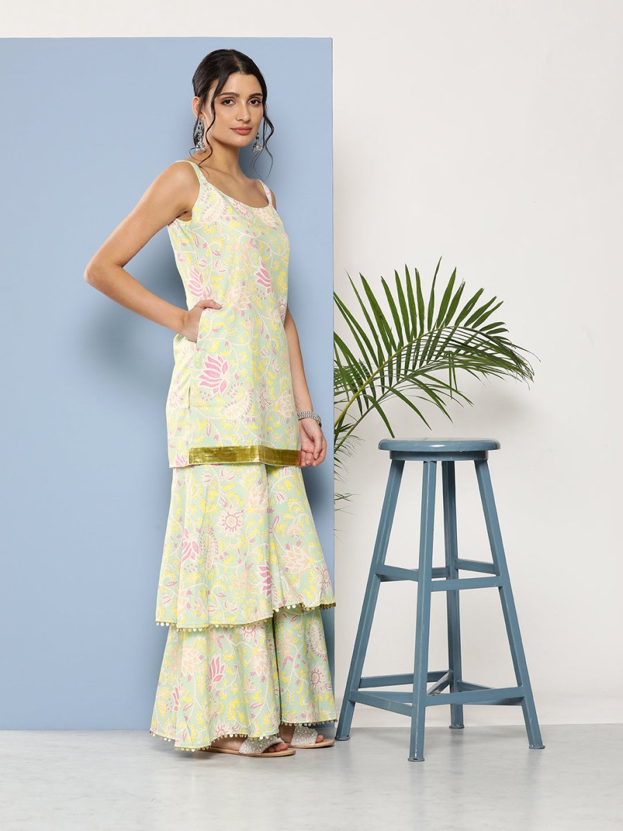 Ahalyaa Women Sea Green Floral Printed Gotta Patti Kurti with Sharara & With Dupatta | Swadesiicart