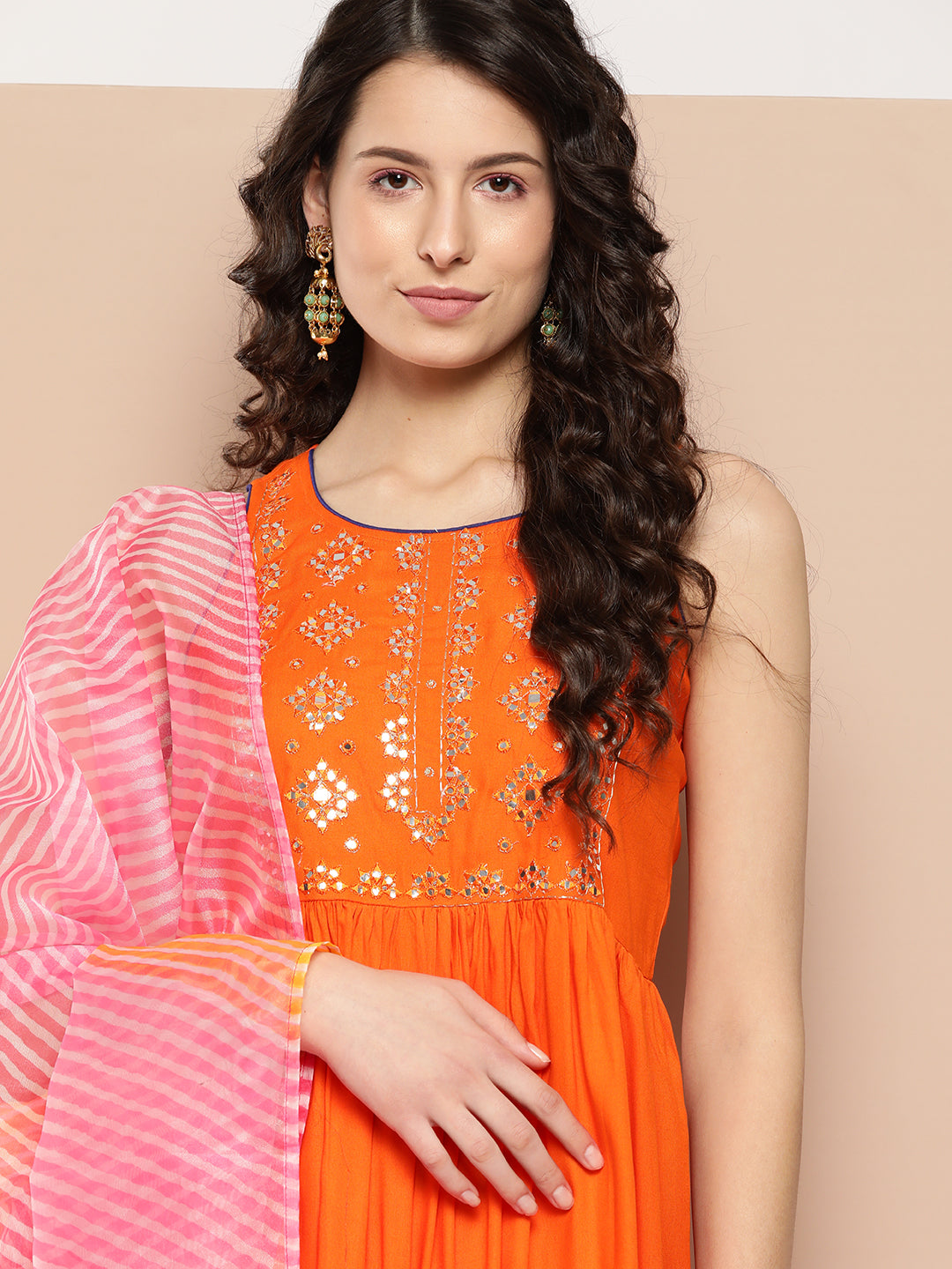 InWeave Women's Orange Mirror Work Aline Strappy Kurta Set W Pink Yellow Leh Dupatta - Swadesiicart