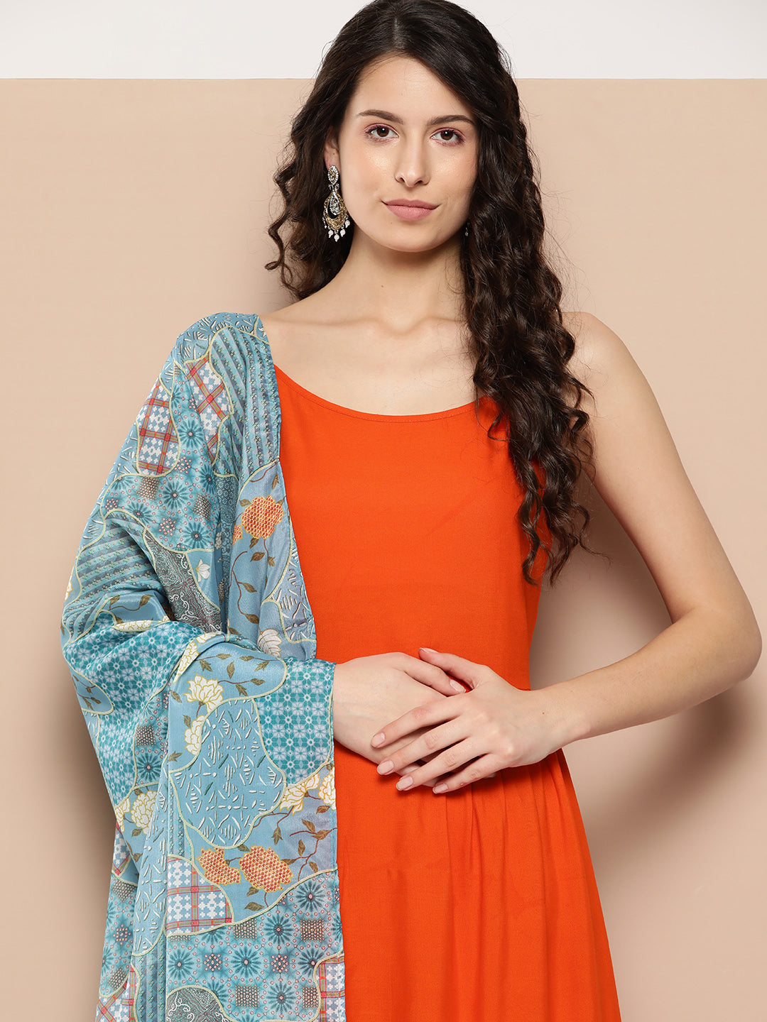 InWeave Women's Orange Strappy Set With Blue Chinnon Print Silk Dupatta - Swadesiicart