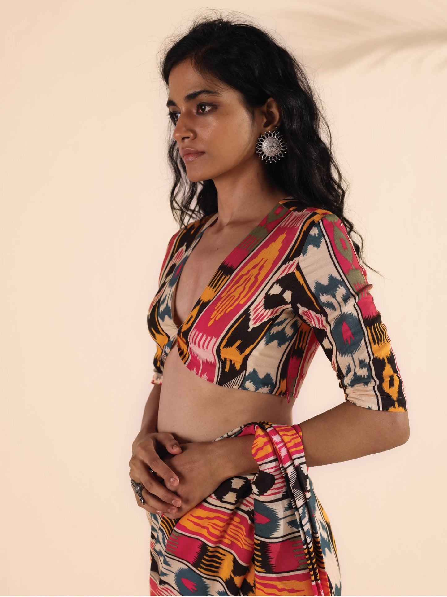 trueBrowns Cola Muslin Ikat Deep V-Neck Blouse | Swadesiicart