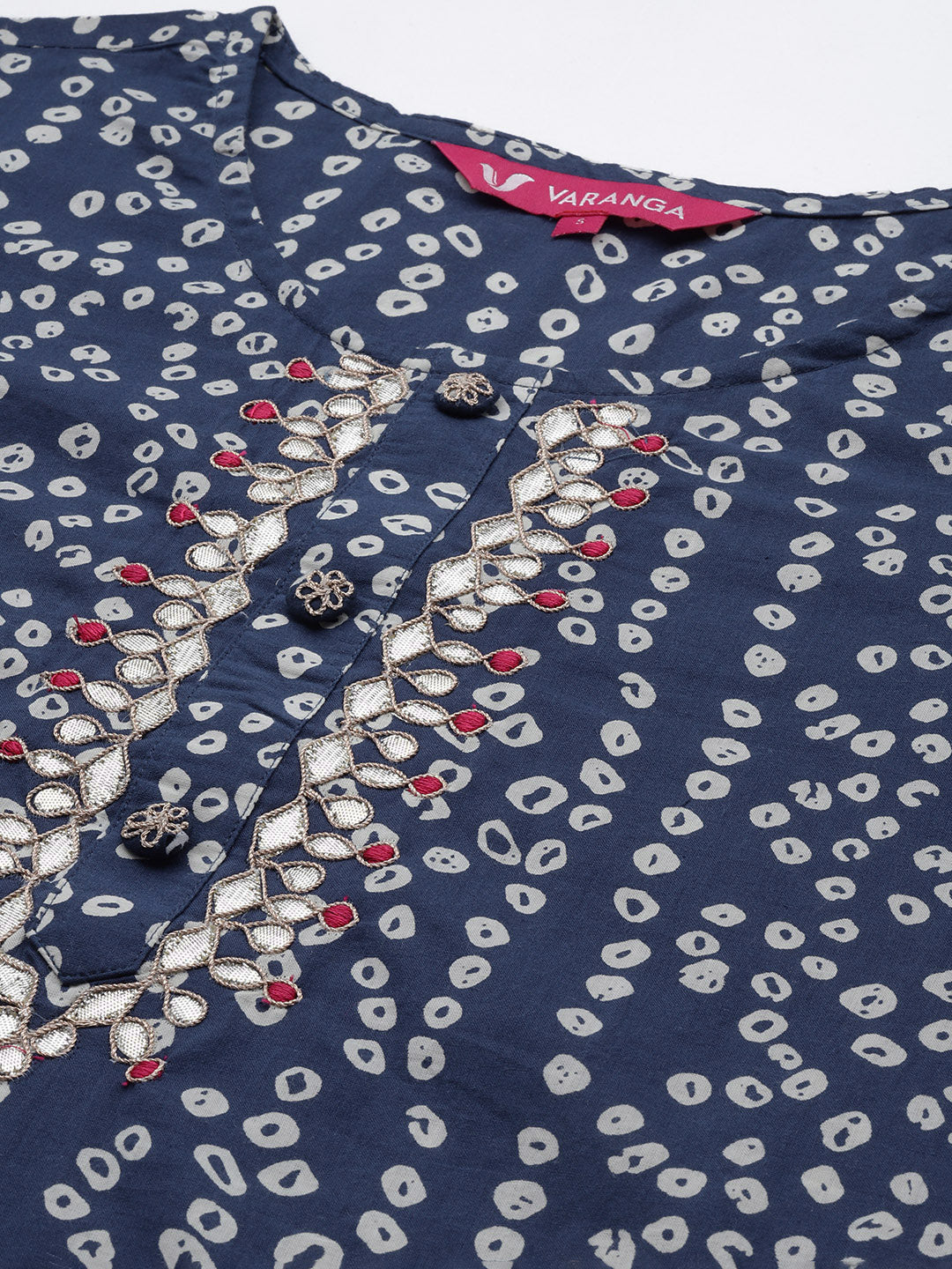 Indian Clothing Varanga Blue Bandhani Print Embroidered Kurta Has Round Neck - Swadesiicart