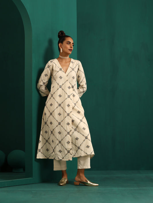 trueBrowns Ivory Rhombus Cotton Angrakha Kurta Pant Set | Swadesiicart