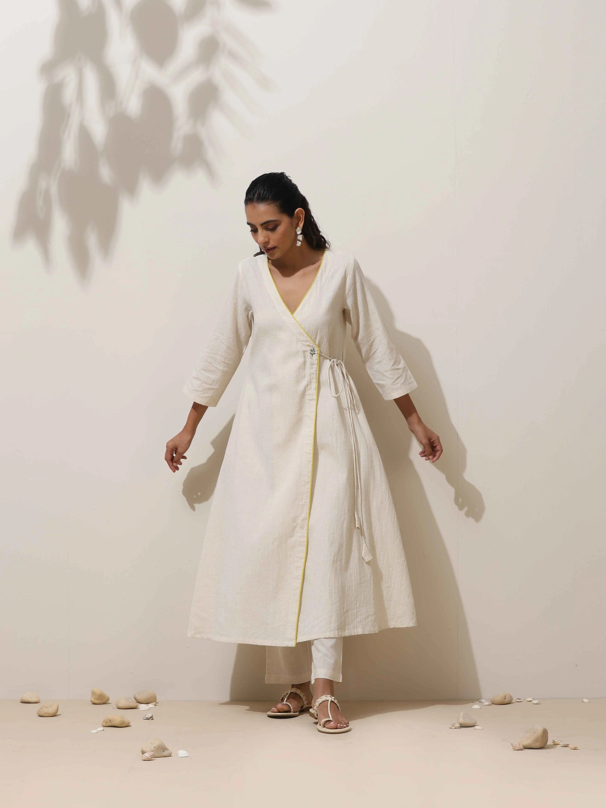 trueBrowns Off White Cotton Linen Angrakha Kurta Pant Set | Swadesiicart