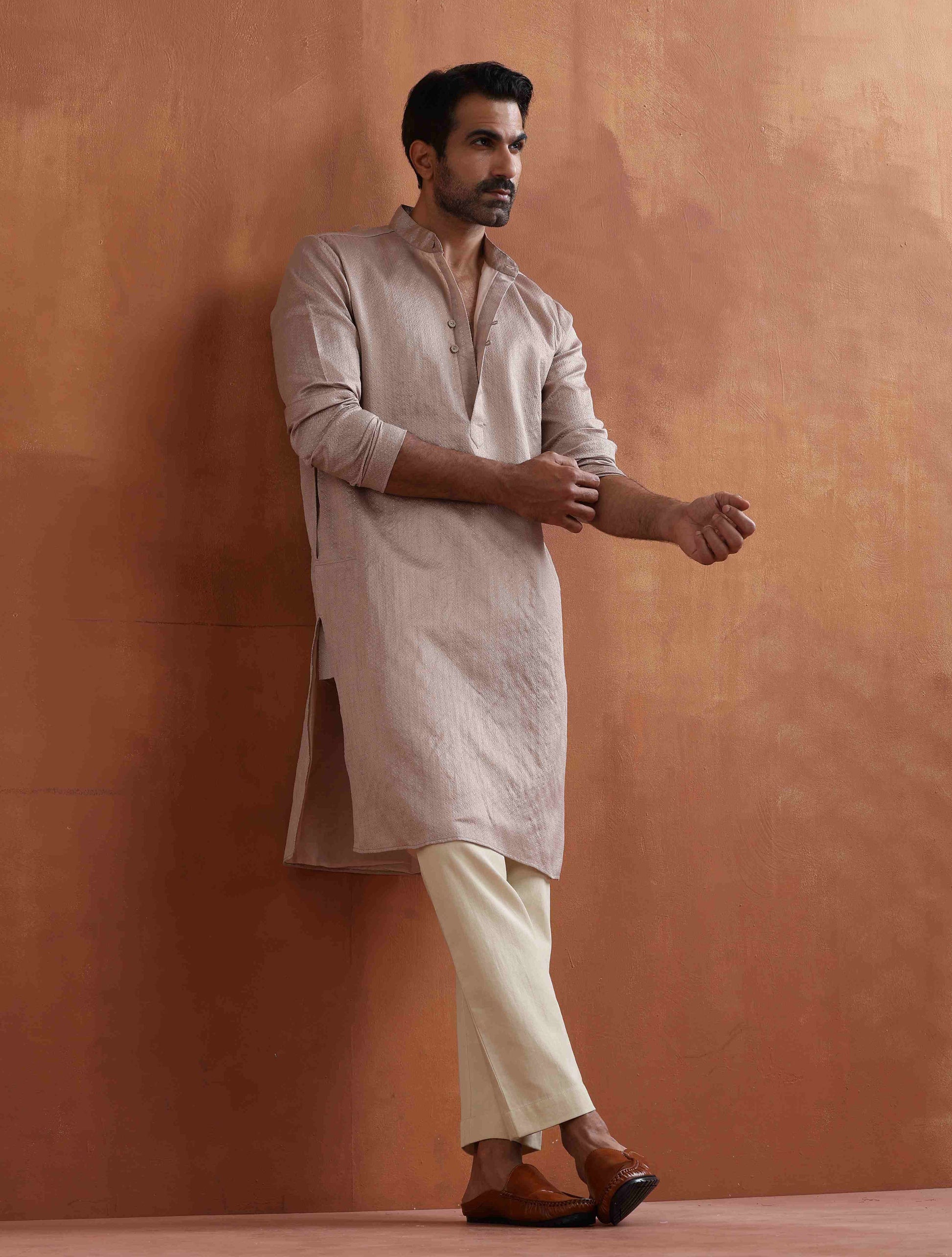 trueBrowns Men's Beige Sequin Chanderi Kurta | Swadesiicart