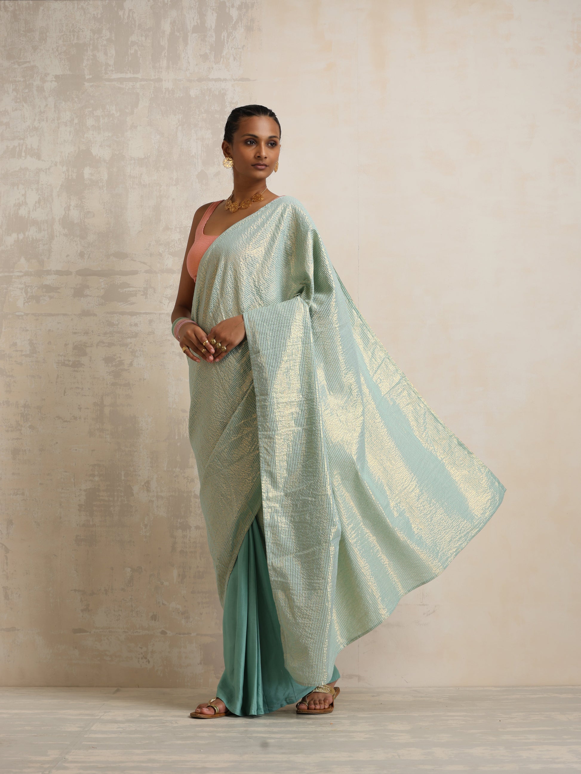 trueBrowns Blue Gold Metallic Ready To Wear Saree | Swadesiicart