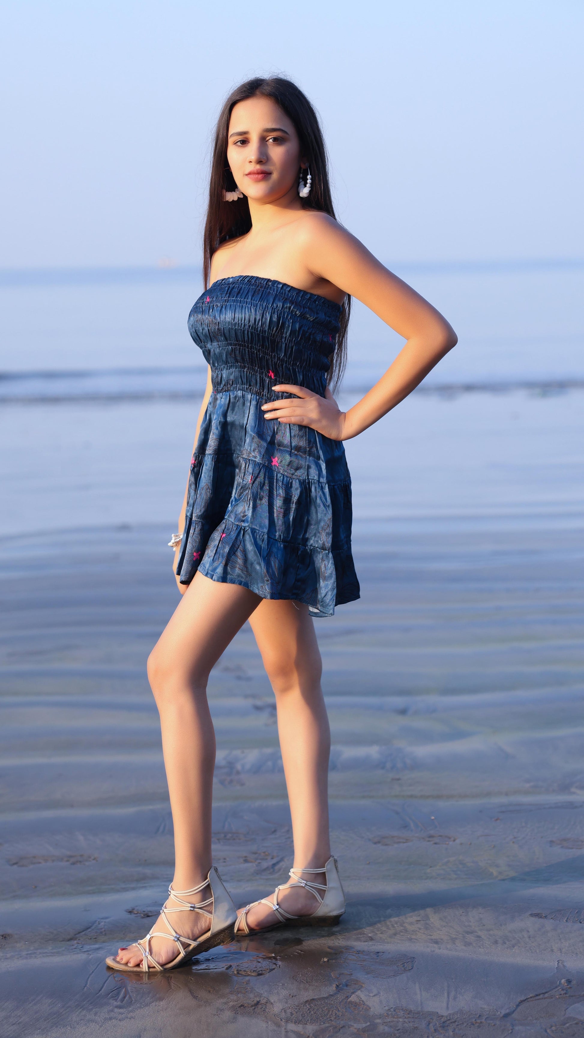 Noroke Modal Steel Blue Printed Mini Tiered Dress | Swadesiicart