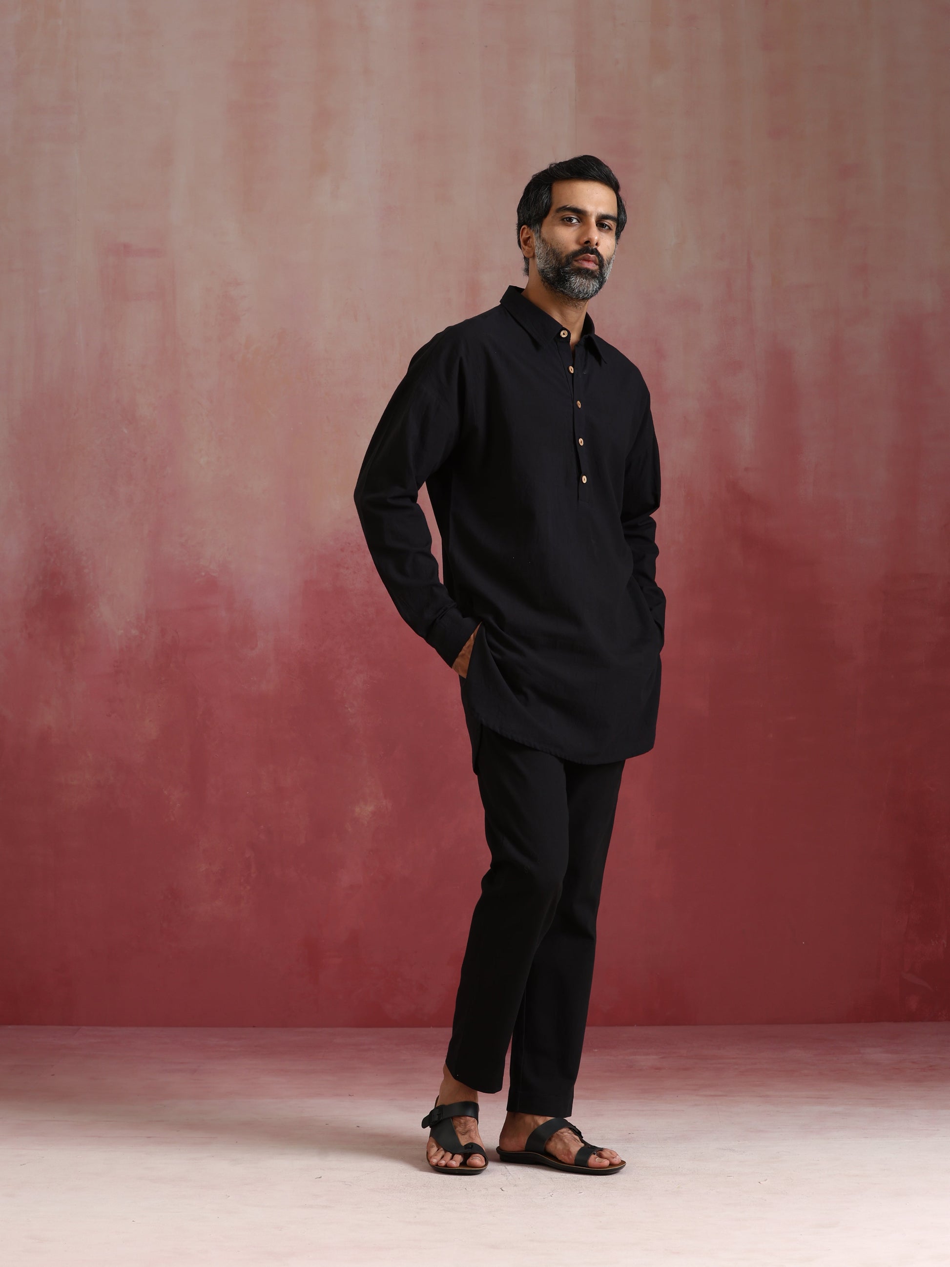 trueBrowns Men's Black Cotton Shirt Collar Stylized Kurta Co-ord set - Swadesiicart
