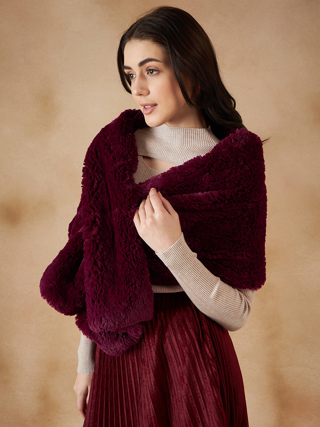 InWeave Women's Burgundy Long Faux Fur Cape - Swadesiicart