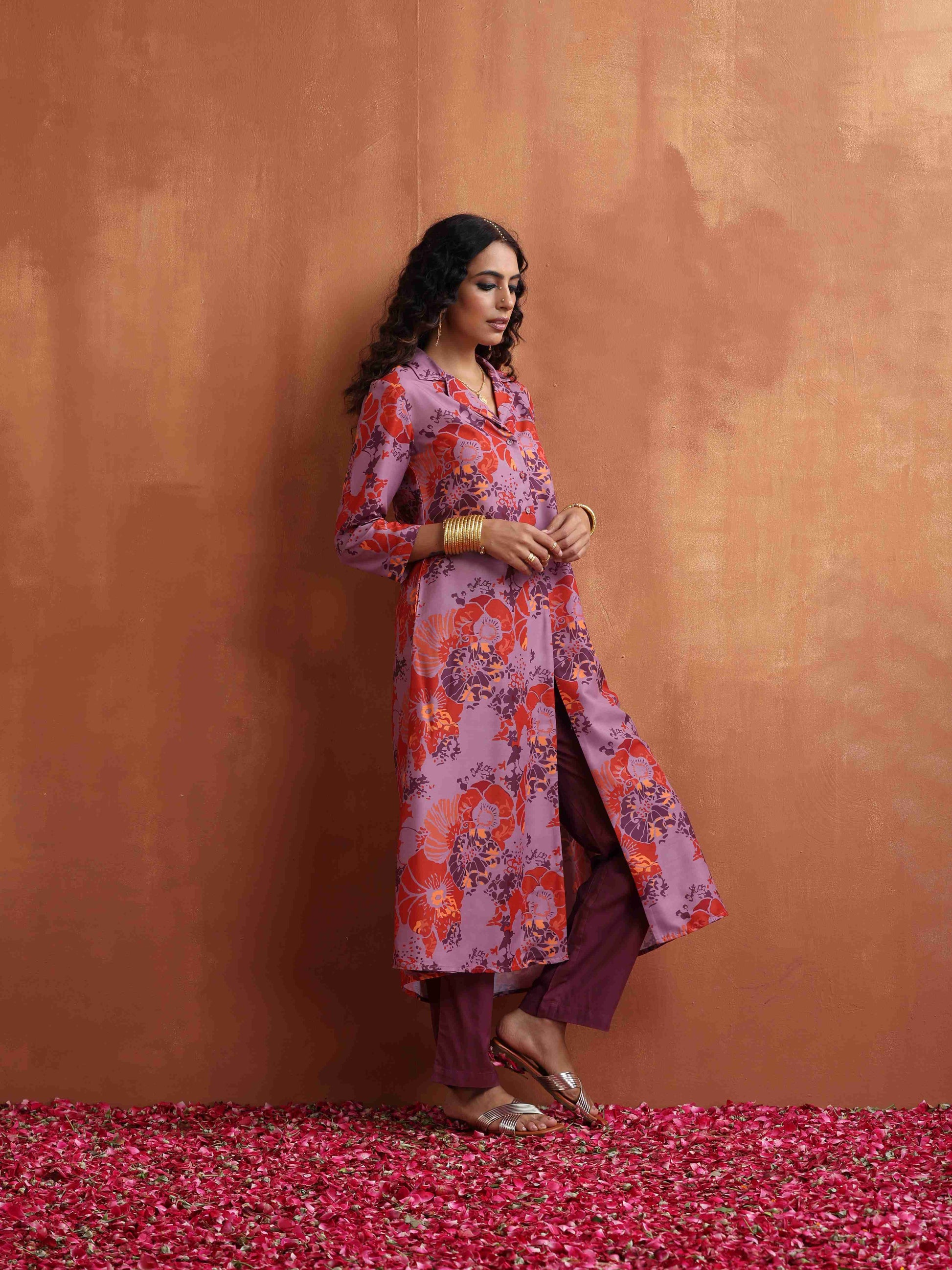 trueBrowns Purple Print Shirt Kurta Set | Swadesiicart