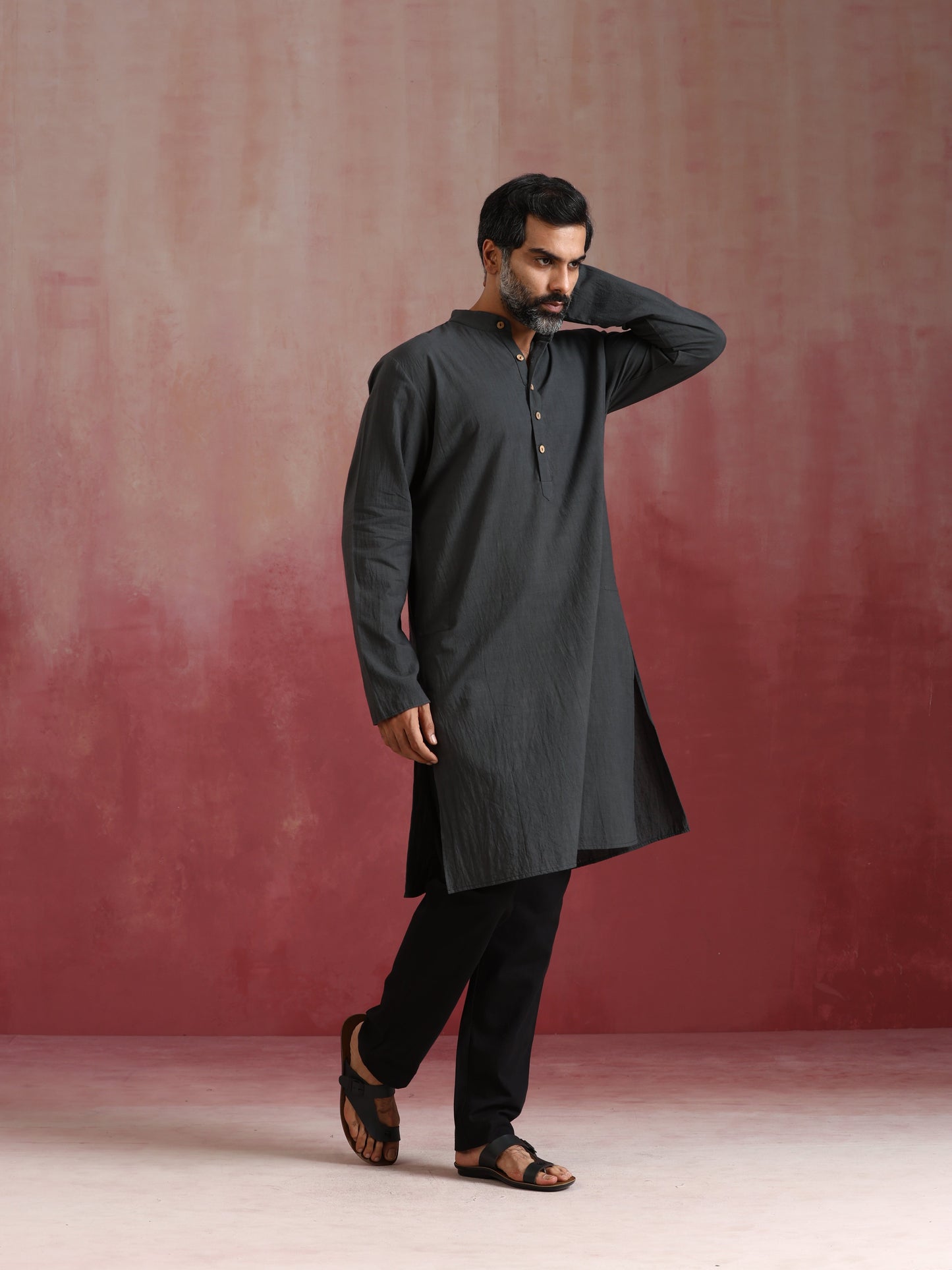 trueBrowns Men's Charcoal Grey Mandarin Collar Kurta | Swadesiicart