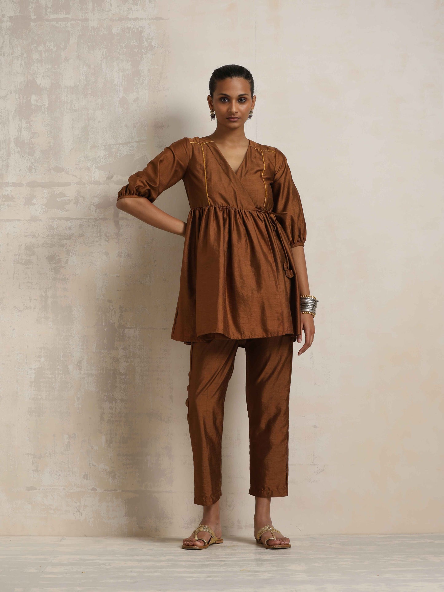 trueBrowns Brown Silk Angrakha Co-ord Set - Swadesiicart