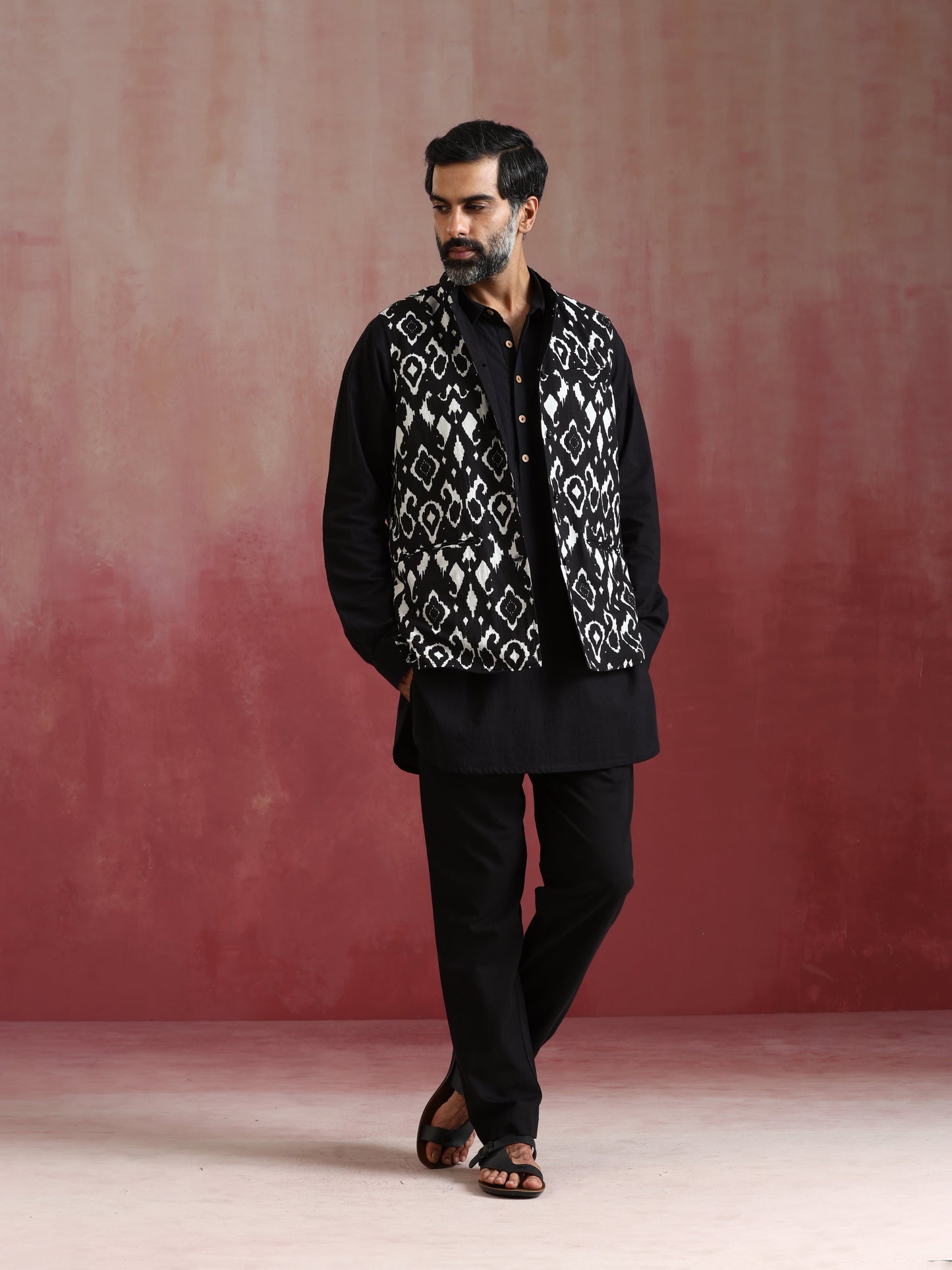 trueBrowns Men's Black Ikat Print Cotton Reversible Nehru Jacket | Swadesiicart