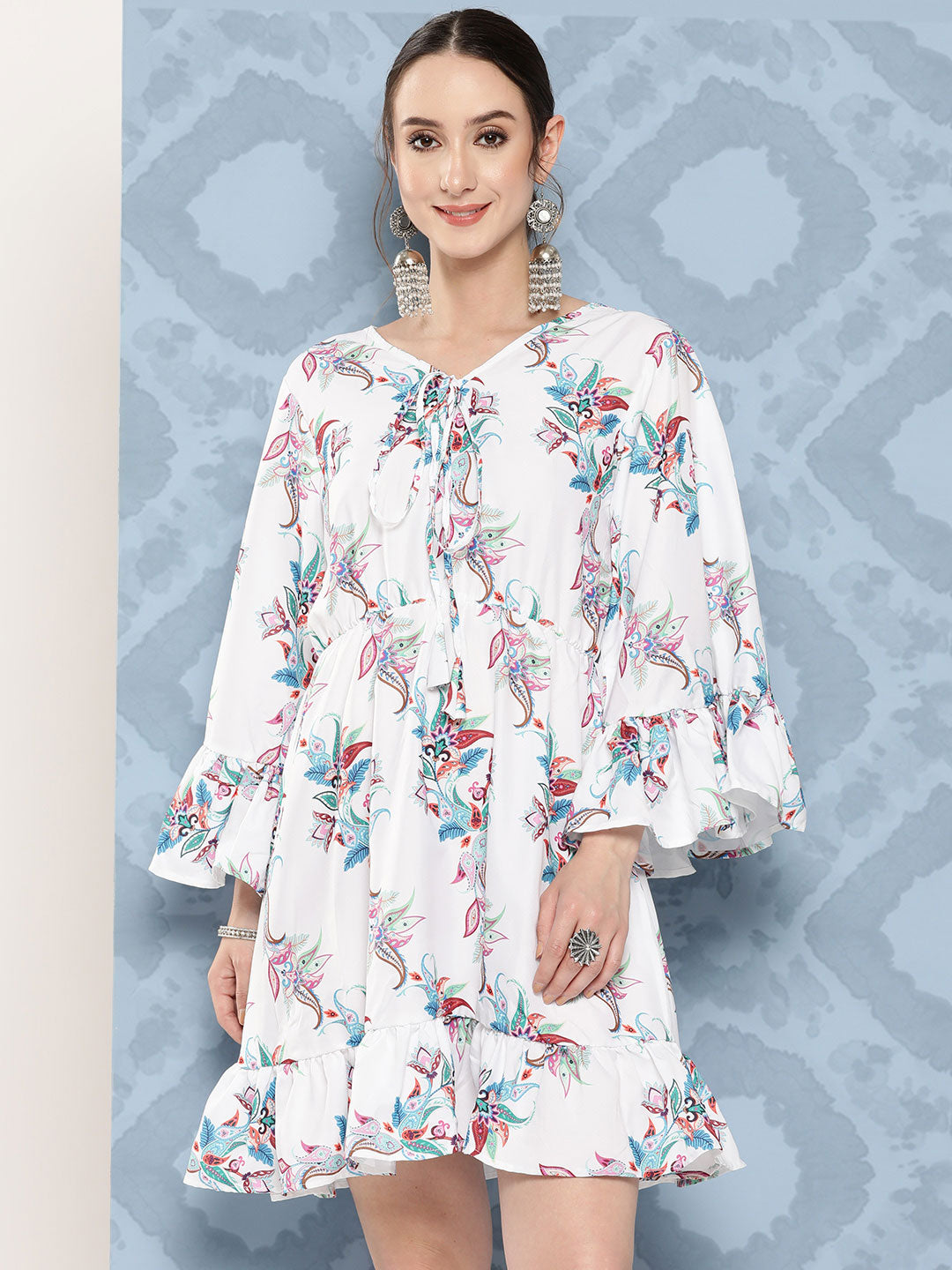 InWeave Women's White Floral Paisley Print Short Dress - Swadesiicart